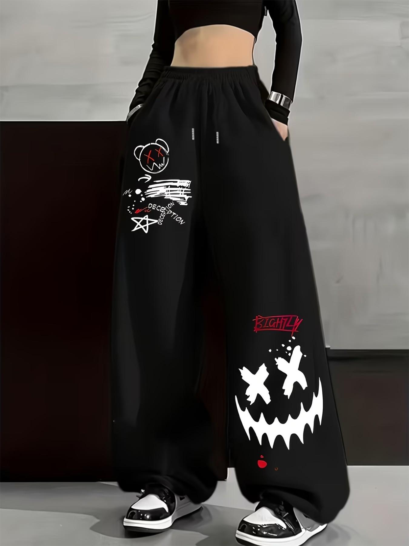 Women's Gothic Grunge Baggy Wide Leg Pants, Evil Pumpkin Smile Face Print Streetwear Trousers, High Waisted Oversized E-Girl Casual Pants with Pockets for Rave, Party & Daily Wear