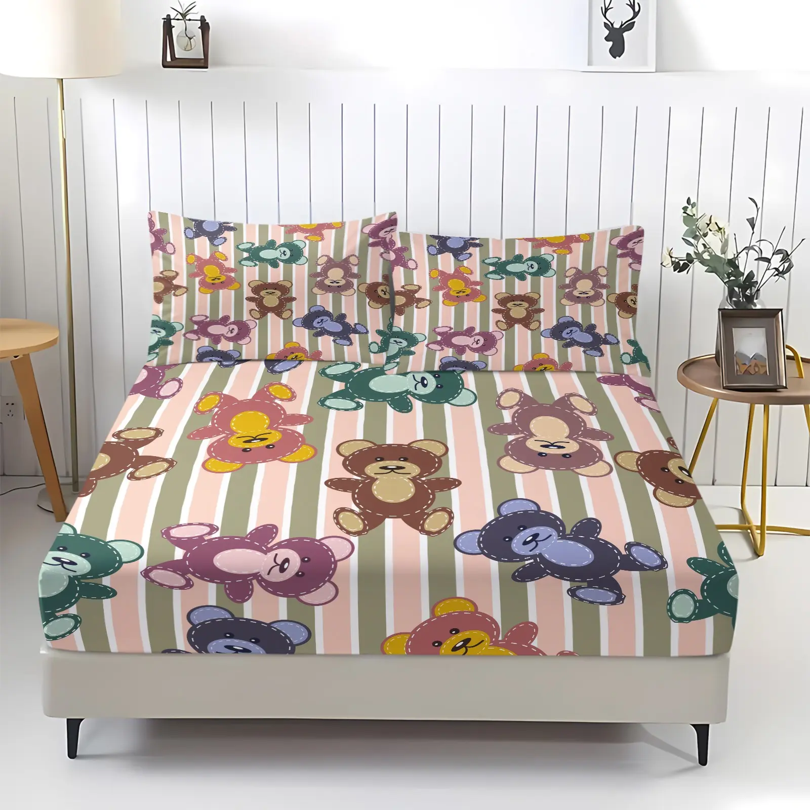 Sweet Cute Teddy Bear Fitted Sheet Set, Bedding Set, Kawaii Cartoon Bear Digital Print With Hearts And Bows, Ideal Decor For Girls Teens Kids Bedroom Nursery, Bed Sheets Set, 1 Fitted Sheet & 2 Pillowcase, No Filling