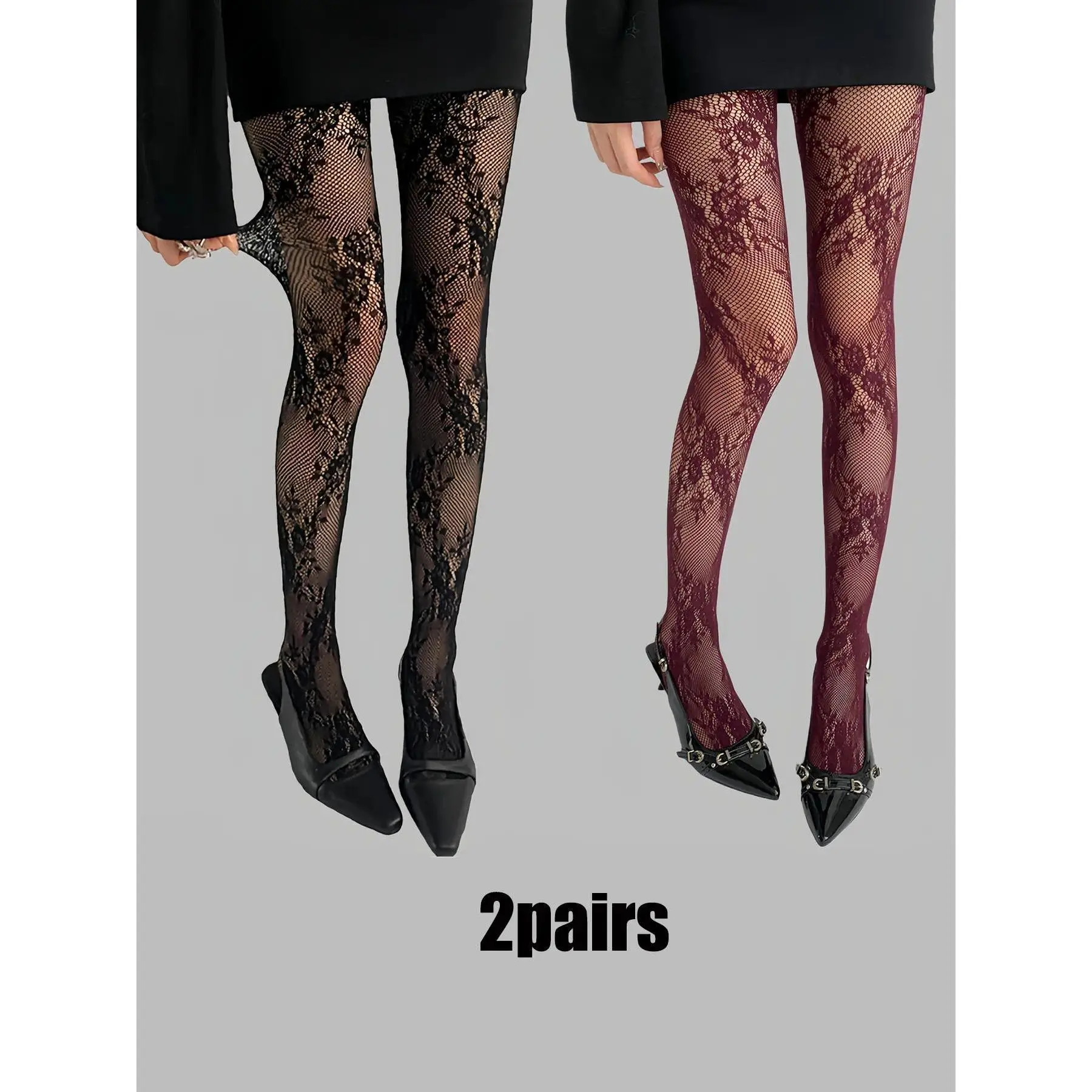 Women's High-Stretch Fishnet Floral Stockings Tights in Wine Color, Perfect for Daily and Everyday Wear in Spring, Fall and Autumn, Comfortable Design Fit, Womenswear