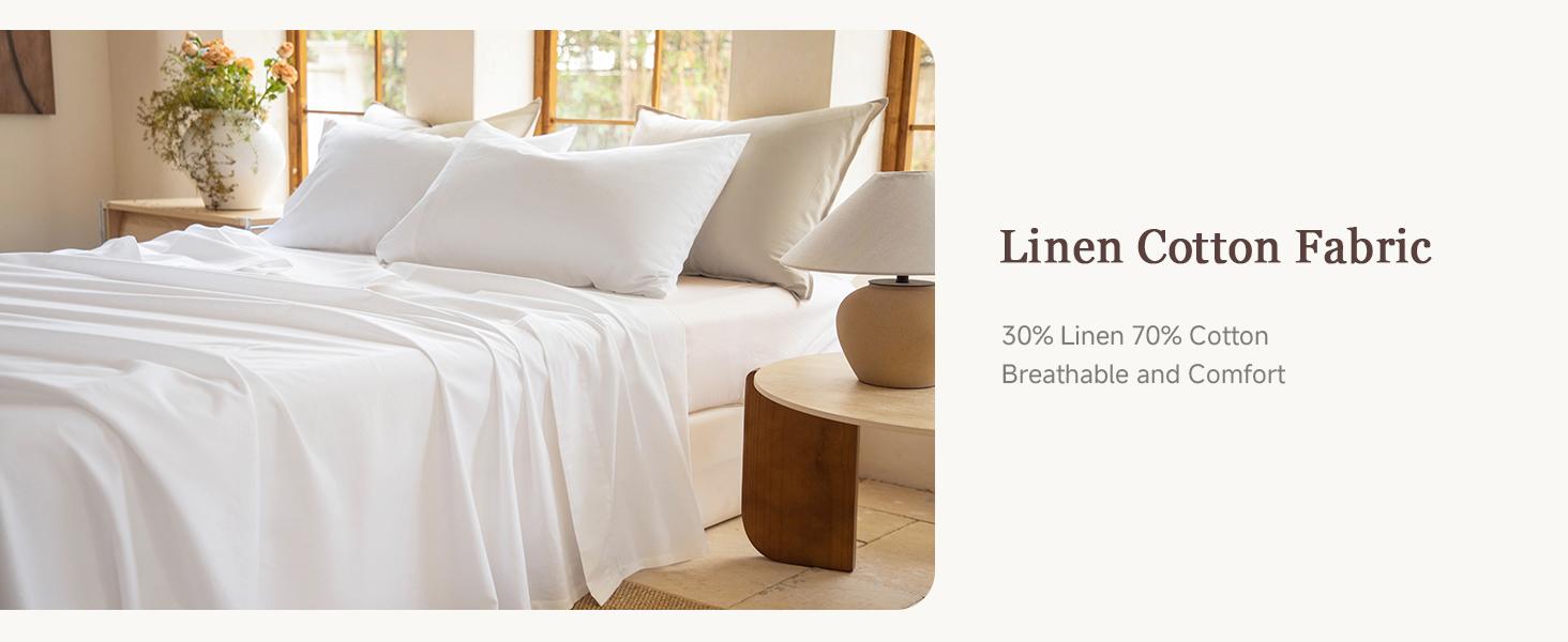 Linen Sheet Set , Linen Cotton Blend Sheets Set 4pcs, 1 Flat Sheet, 1 Fitted Sheet & 2 Pillowcases, Cooling Breathable Farmhouse Bedding