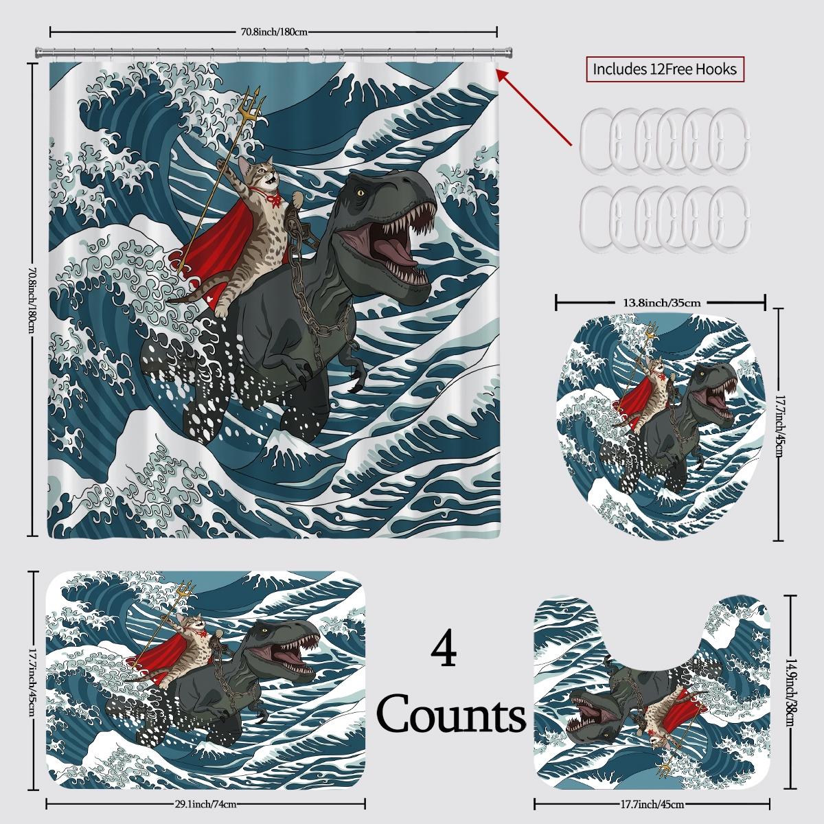Funny Cat Dinosaur Shower Curtain, Ukiyo-e Japanese Wave with Super Cat Riding Tyrannosaurus, 72" x 72" Durable Mildew Resistant Bath Curtain Set