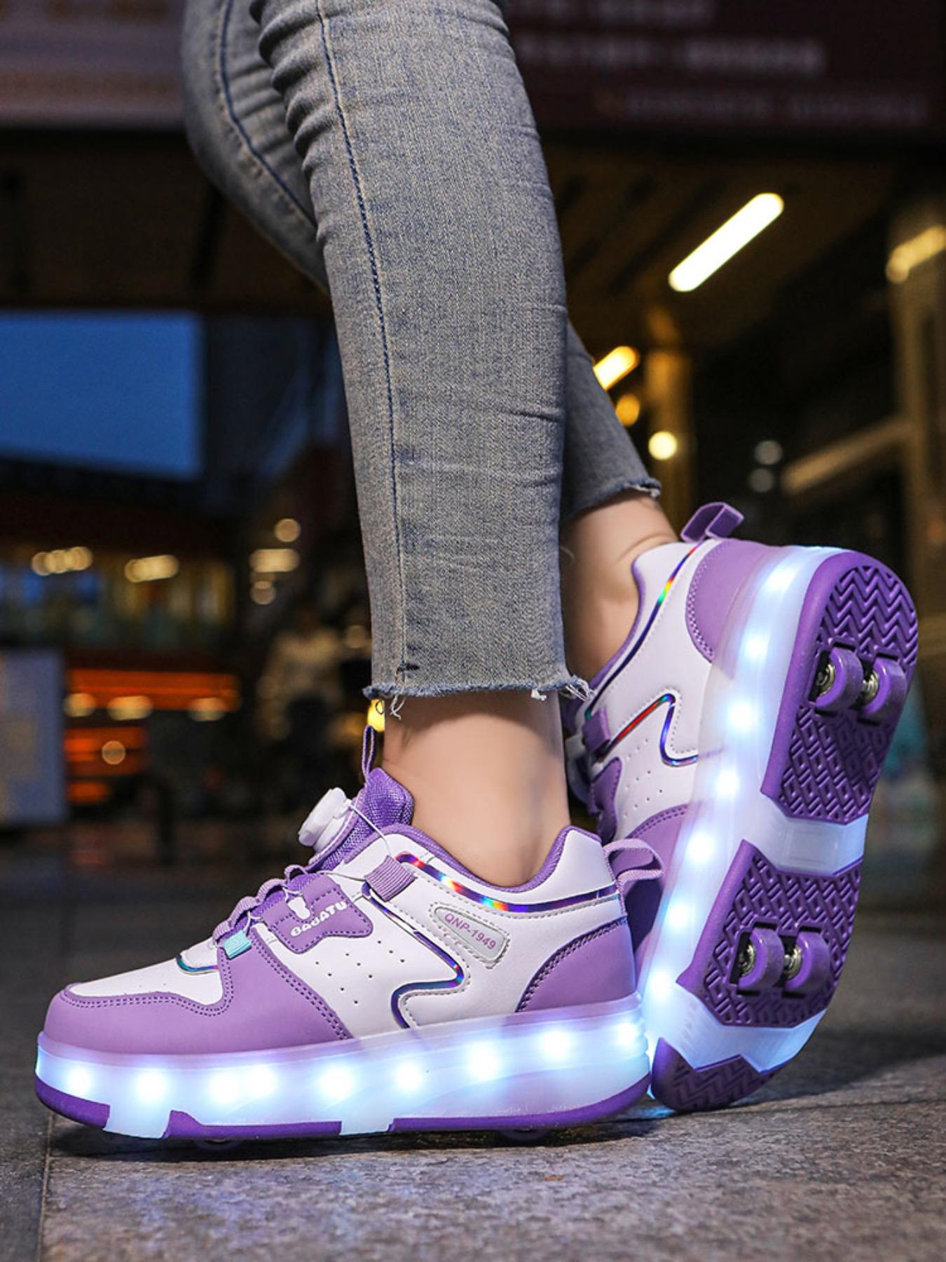 Girls' Four-Wheel Roller Skates, Adjustable LED Light-Up Shoes, PU Leather, USB Charging, Detachable Wheels, All-Season Casual Style