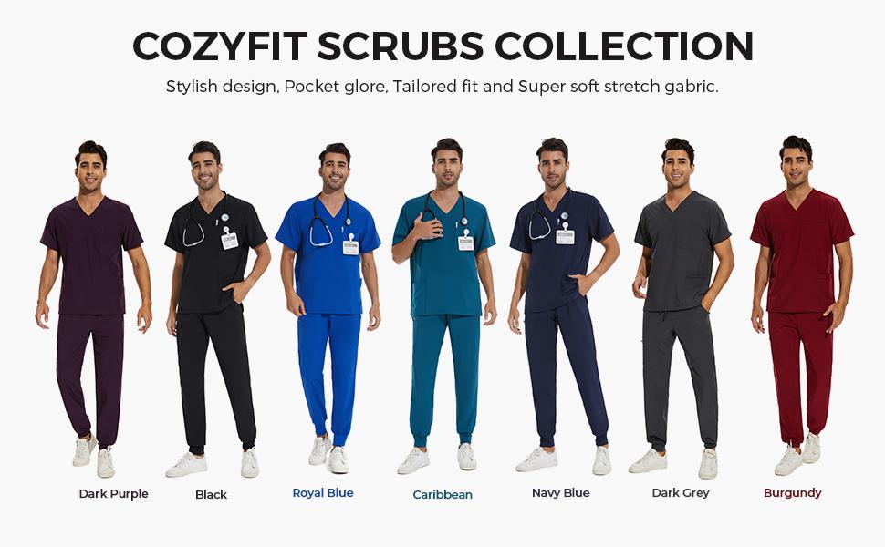 COZYFIT Men Scrubs Set - Luna Vital Set - Stretch V-Neck Scrub Top & Jogger Pant with 8 Pockets, Yoga Waistband, Anti-Wrinkle Scrubs for Men SpringStatements