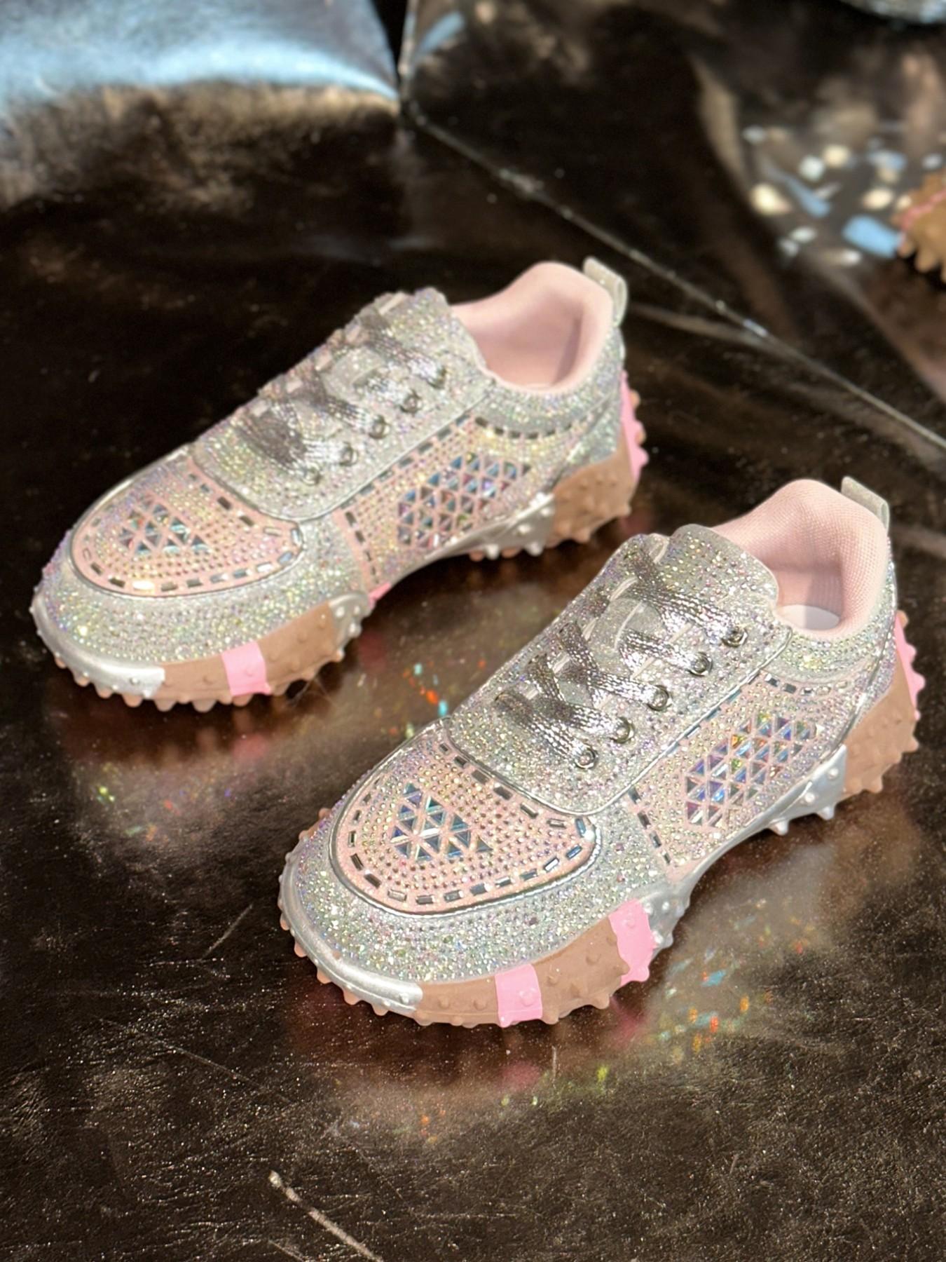 Silver Color Gradient Full Rhinestone Shoes, Diamond Cut Water Drills, 3D Flashing Pieces, Thick Sole, Sweet Cool Style, All Seasons