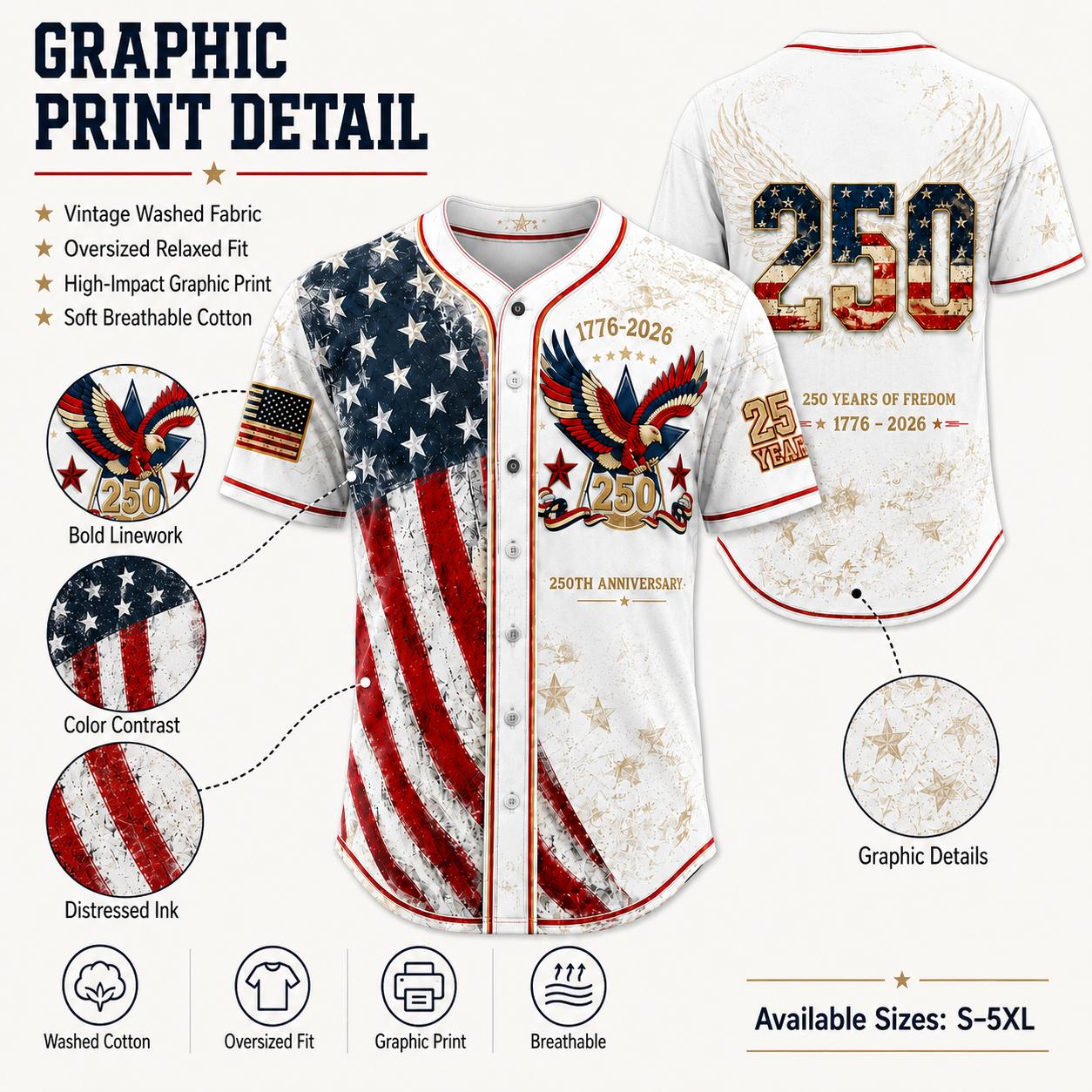 Men's USA 250th Anniversary Baseball Jersey Patriotic American Flag Eagle Button Down Shirt 1776-2026, Vintage Distressed 4th of July Independence Day Graphic Tee, Unisex Casual Sports Top for Men Women, White Men's USA 250th Anniversary Baseball Jersey Patriotic American Flag Eagle Button Down Shirt 1776-2026, Vintage Distressed 4th of July Independence Day Graphic Tee, Unisex Casual Sports Top for Men Women, White