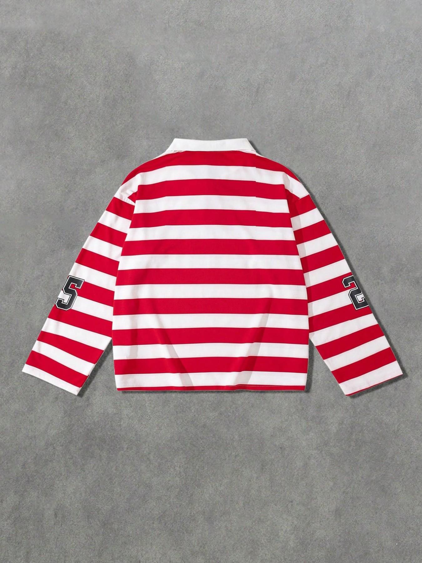 REBEL printed red and white striped polo long sleeved men's T-shirt, striped polo collar long sleeved shirt, European and American street life unisex long T-shirt ins style