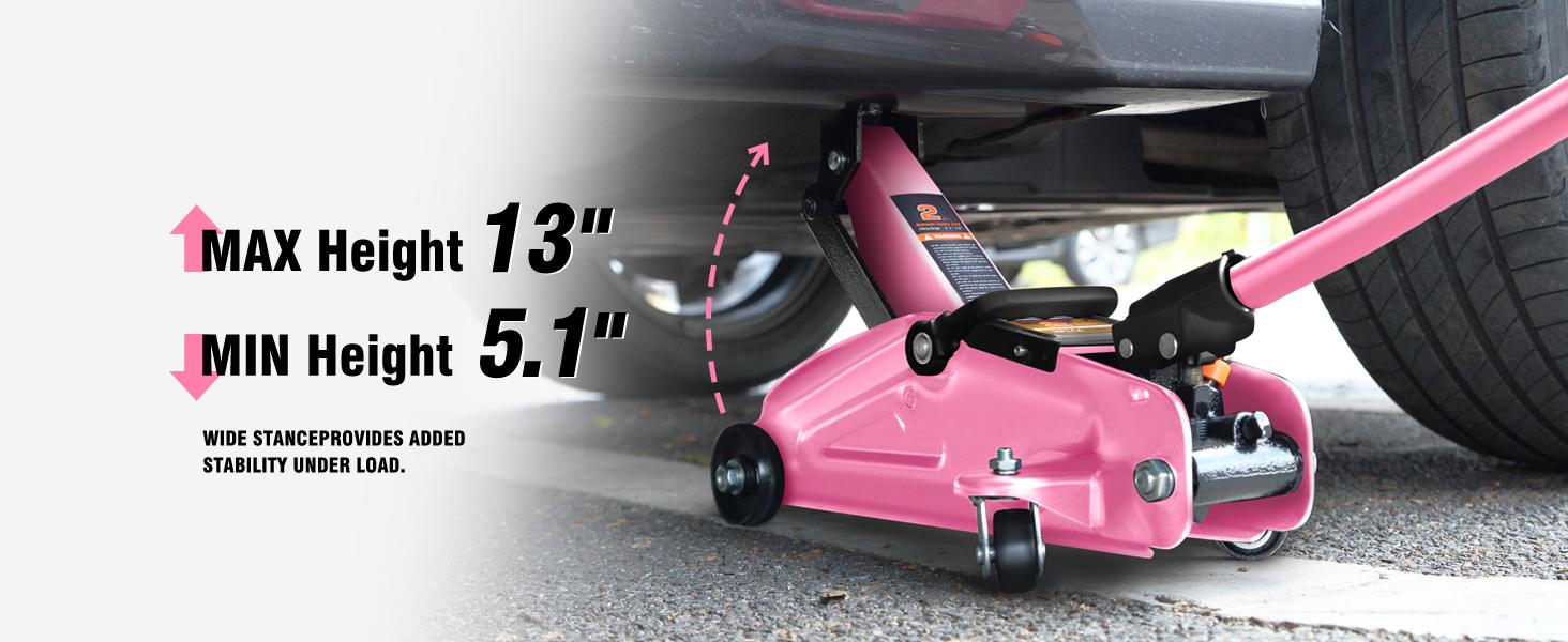 Low Profile Hydraulic Trolley Floor Jack with 2 T (4000lbs cap.) Capacity, 5.1-13 in Lifting Range, Safety Valve, Vehicle Lift Function, Pink snatch strap ropes hemp winch long, Automotive Maintenance Tools, Car Repair Tools, Portable Vehicle Lift