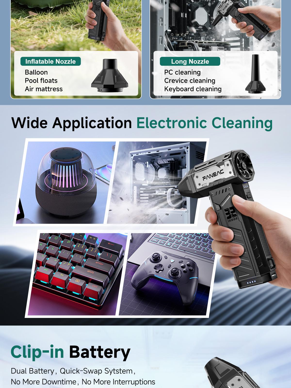 Ultra-Powerful Electric Air Duster – 150,000 RPM Brushless Motor for Deep Cleaning. Blast Away Dust from Keyboard, PC, Electronics, AC Vents & Car Seats. Quickly Tackle Snow on Cars/Patios. Cordless with 2× Long-Life Battery Packs. Ultra-Powerful Electric Air Duster – 150,000 RPM Brushless Motor for Deep Cleaning. Blast Away Dust from Keyboard, PC, Electronics, AC Vents & Car Seats. Quickly Tackle Snow on Cars/Patios. Cordless with 2× Long-Life Battery Packs.