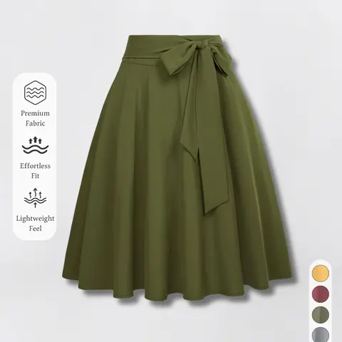 New Arrival Women's Solid Color Midi Skirt, High Waist Loose Fit Bow Design, Side Pocket Zipper Closure, Elegant Fashion for All Seasons