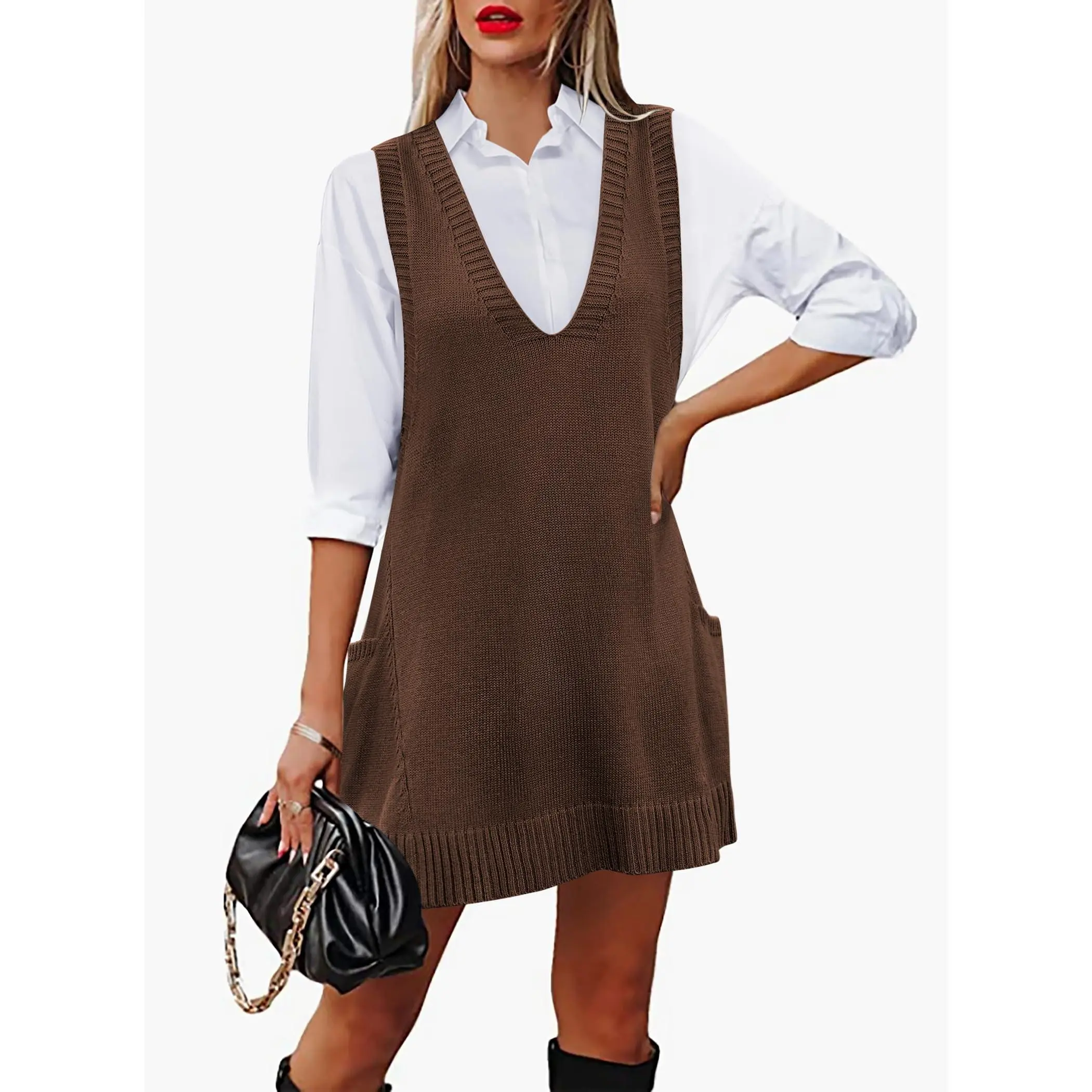 Women's Sleeveless V Neck Knit Sweater Vest Dress Casual Pullover with Side Pockets for Spring Basic Minimalist Womenswear