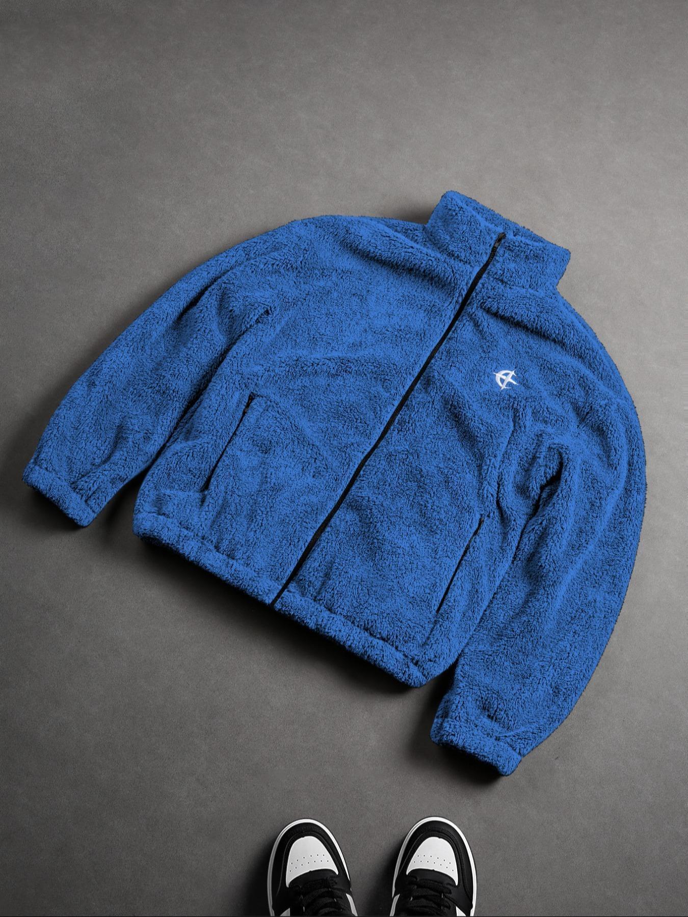 Men's Blue Fleece Jacket, TikTok Viral Street Style Oversized Warm Fleece Coat, Fashionable Casual Outerwear for Daily Wear & Ideal Christmas Gift