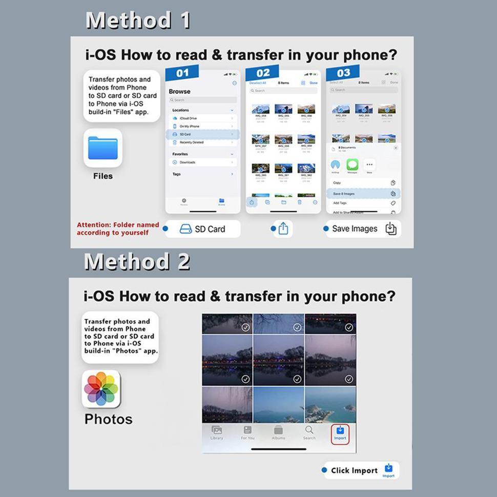 For iOS/type C to SD/TF/USB OTG Card Reader, Type-C to USB Adapter for iOS Macbook and Android Phones, Instant Data Transfer, Compatible with iOS 12+