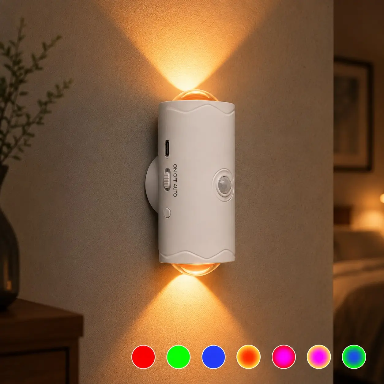 Wireless RGB Motion Sensor Wall Lamp, USB Rechargeable 7 Color LED Night Light for Bedroom, Hallway, Stairway, Bedside, Entryway and Closet