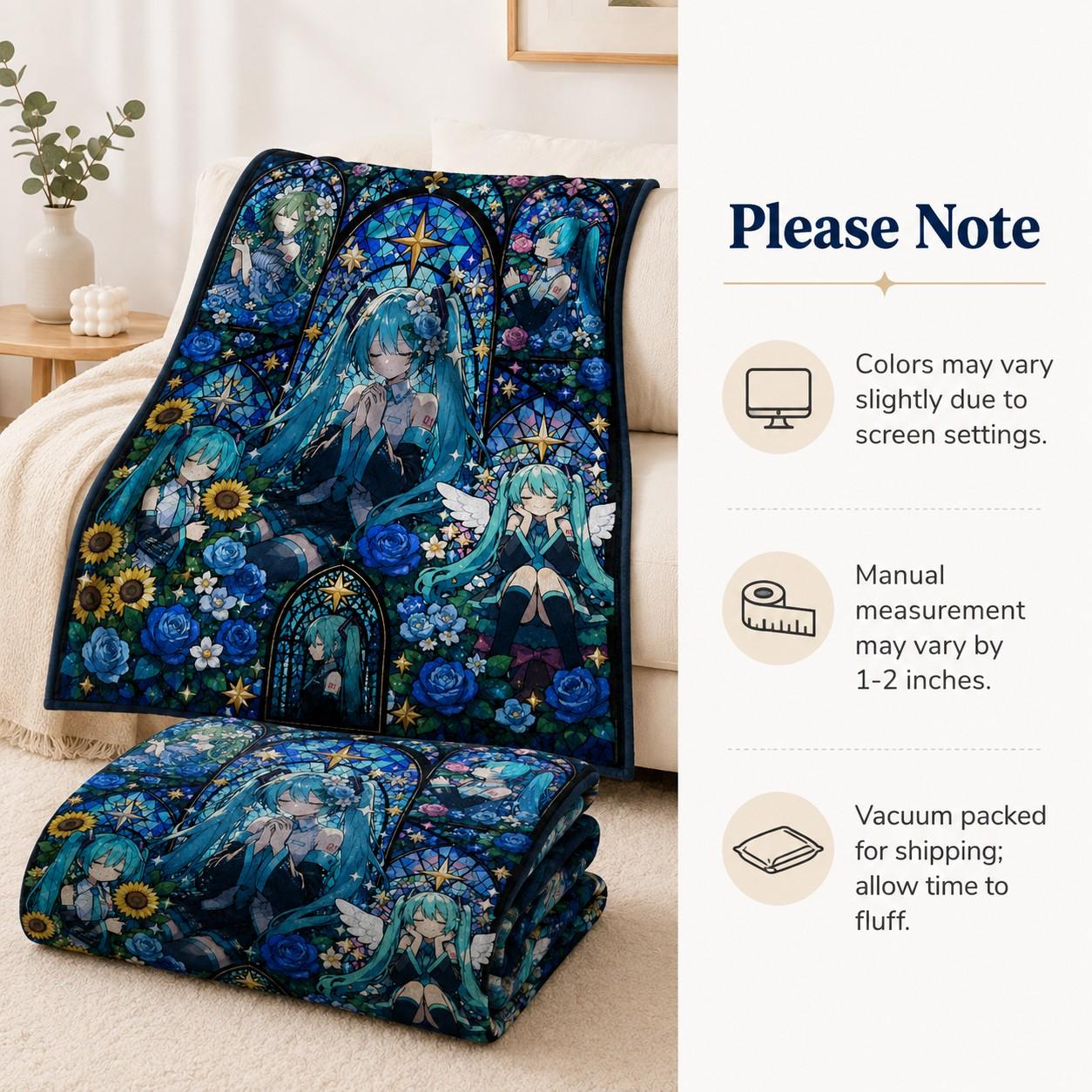 Hatsune Miku Vocaloid Flannel Blanket, Blue Rose Stained Glass Anime Throw for Bed Sofa, Soft Cozy Room Decor Gift for Fans