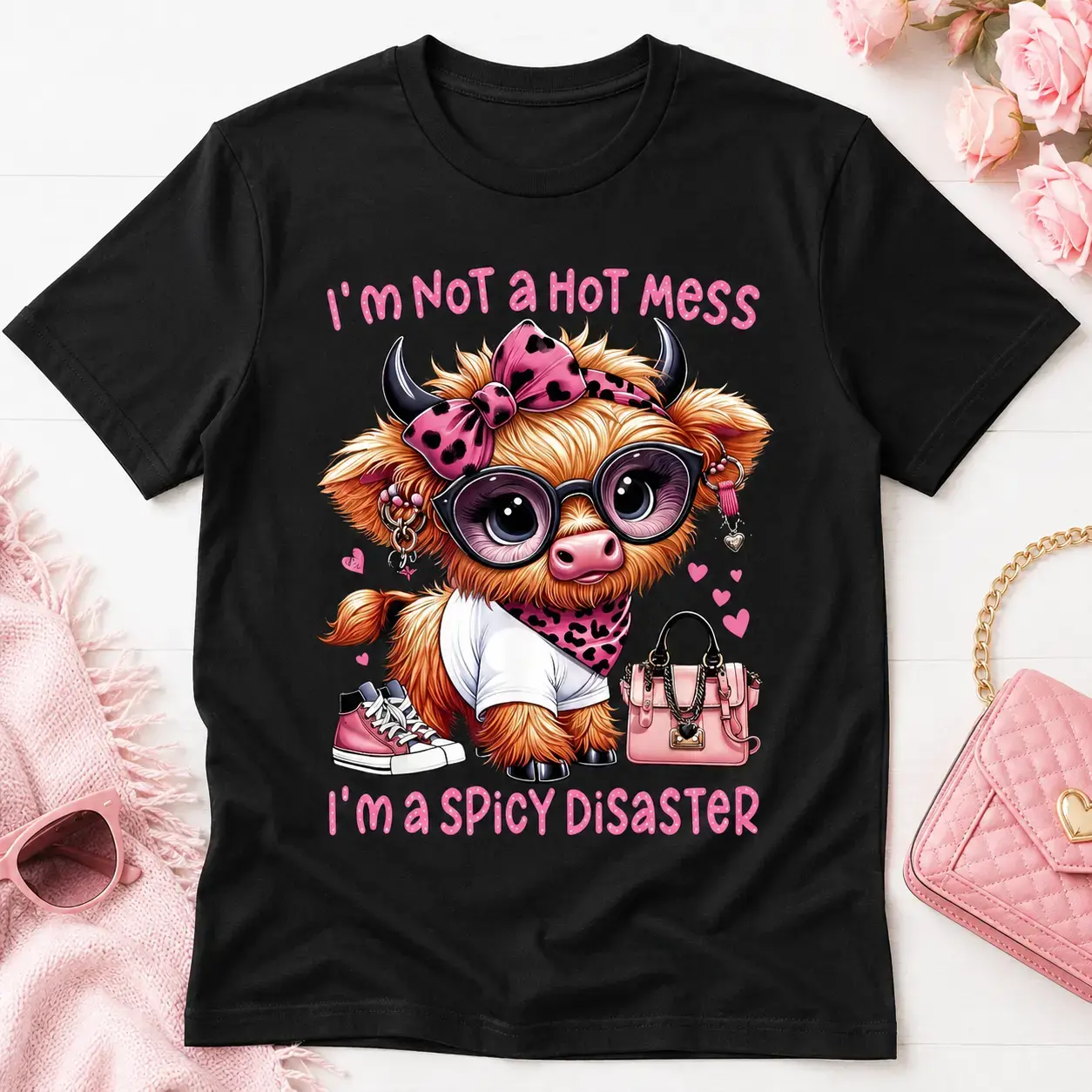 Cute Highland Cow Cartoon Graphic Oversized Cotton T‑Shirt, Funny Sassy Outfit Fashion Gift for Her, Valentine Holiday Best Present