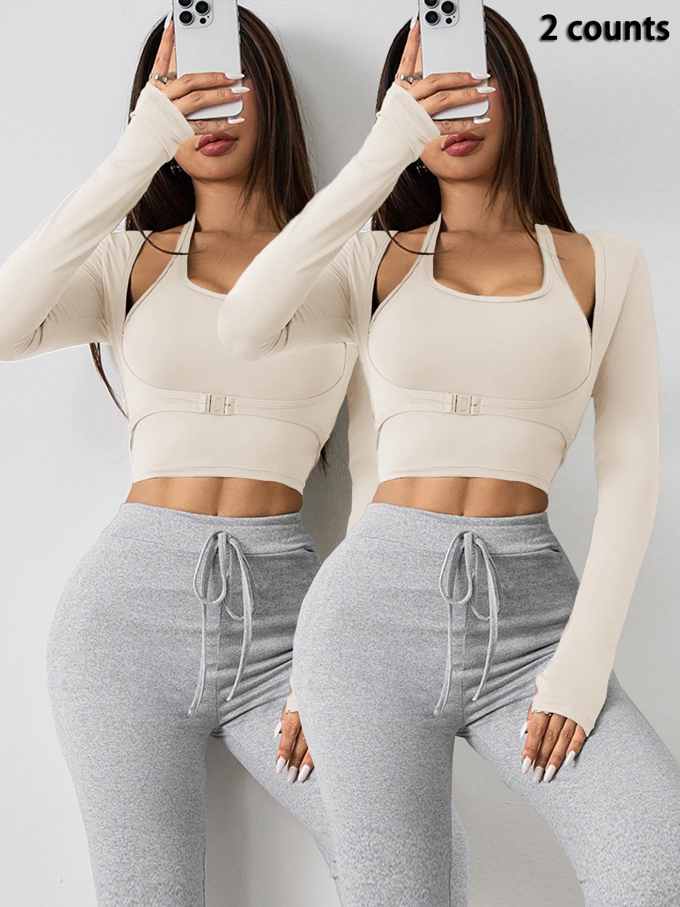 Women's Halter Crop Tank Top & Thumb Hole Sports Tee Set, Sleeveless Top & Buckle Front Sports Top Set, Gym Yoga Exercise Clothing Set for Women