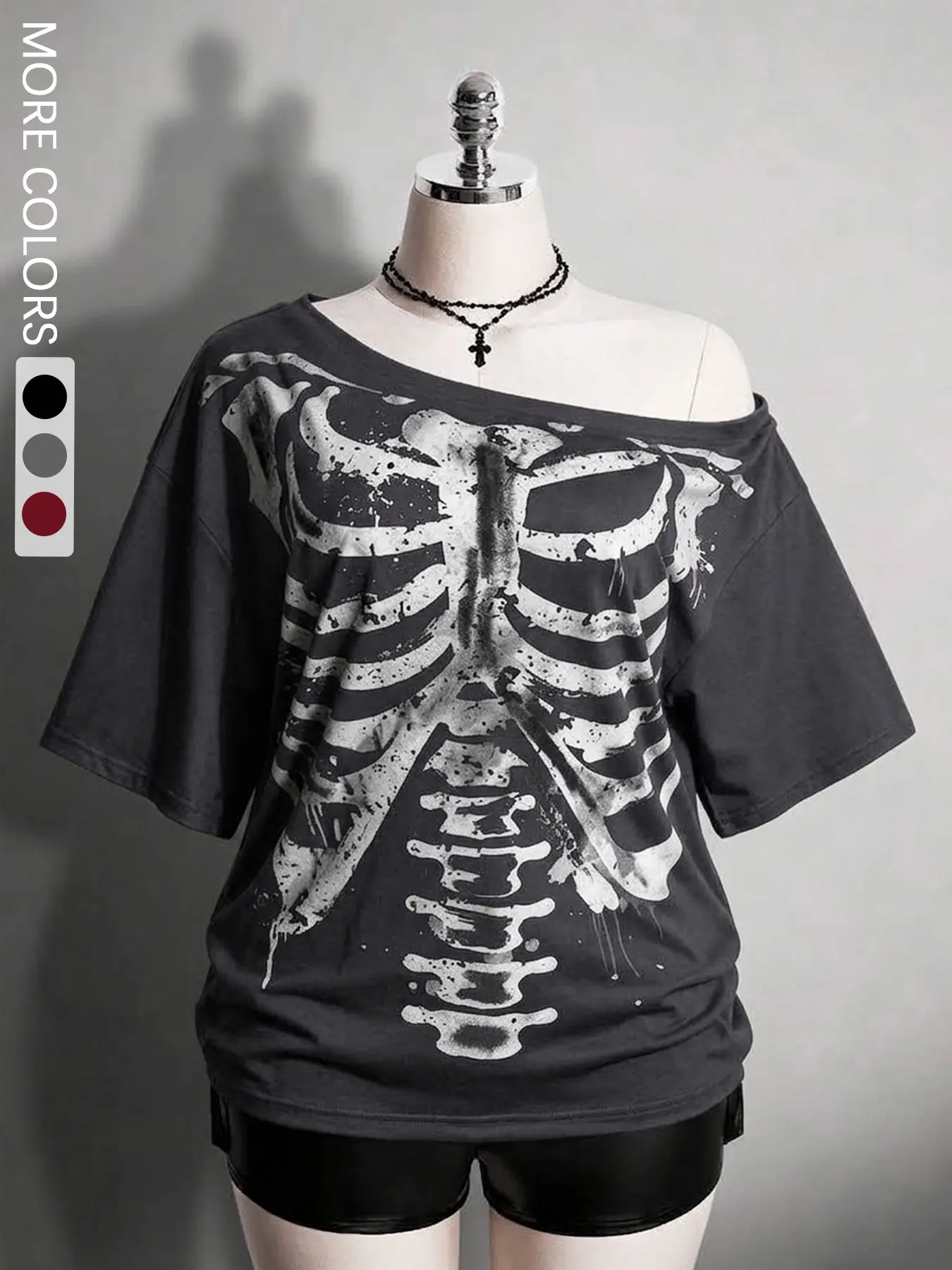 Women's Off Shoulder Skeleton Ribcage Print T‑Shirt Gothic Punk Oversized Short Sleeve Top For Street Party