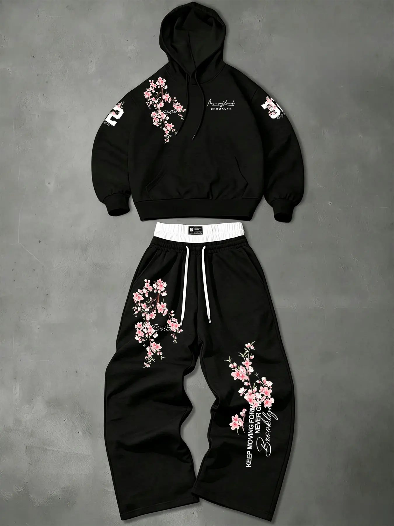 Men's Two-Piece Hoodie and Wide-Leg Pants Set, American Street Style, Cherry Blossom Print, Colorblock Waist, Comfortable Fit
