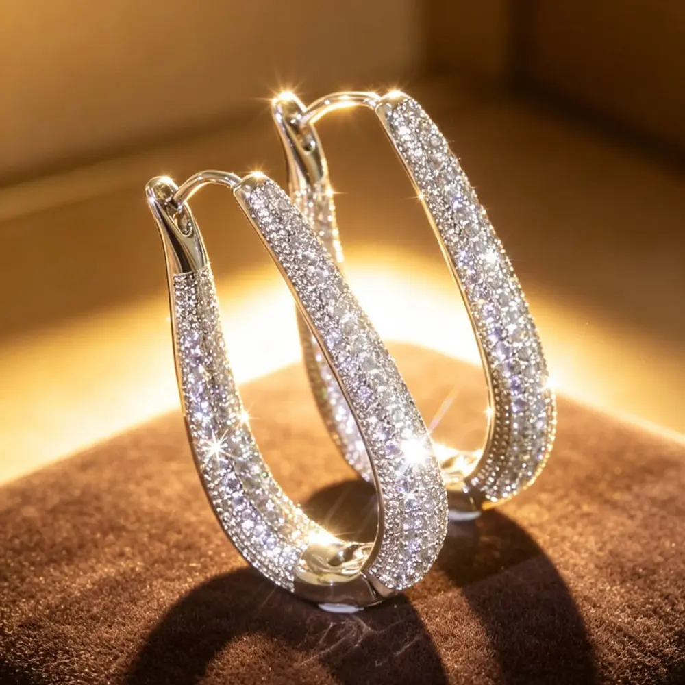 U‑Shaped Teardrop Hoop Earrings for Women, Full Pave Sparkling Inlaid Hoop Earrings, Elegant Statement Drop Hoop Earrings, Fashion Jewelry for Wedding Bridal Party Prom Anniversary Gift for Her