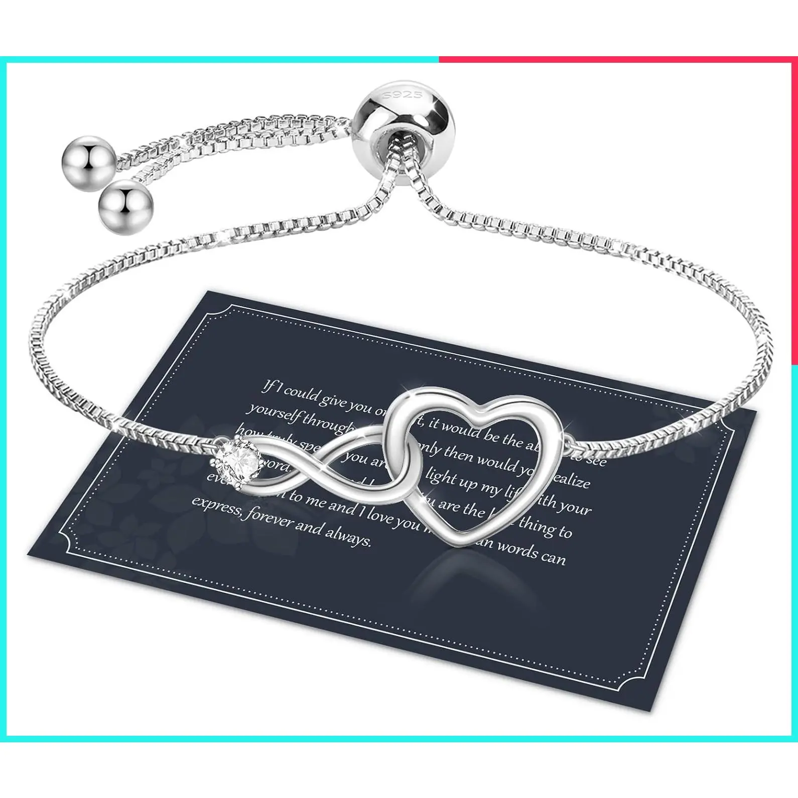 Infinity Heart Bracelet for Women with 5A Cubic Zirconia, 925 Sterling Silver Adjustable Jewelry Gift for Wife Girlfriend Her