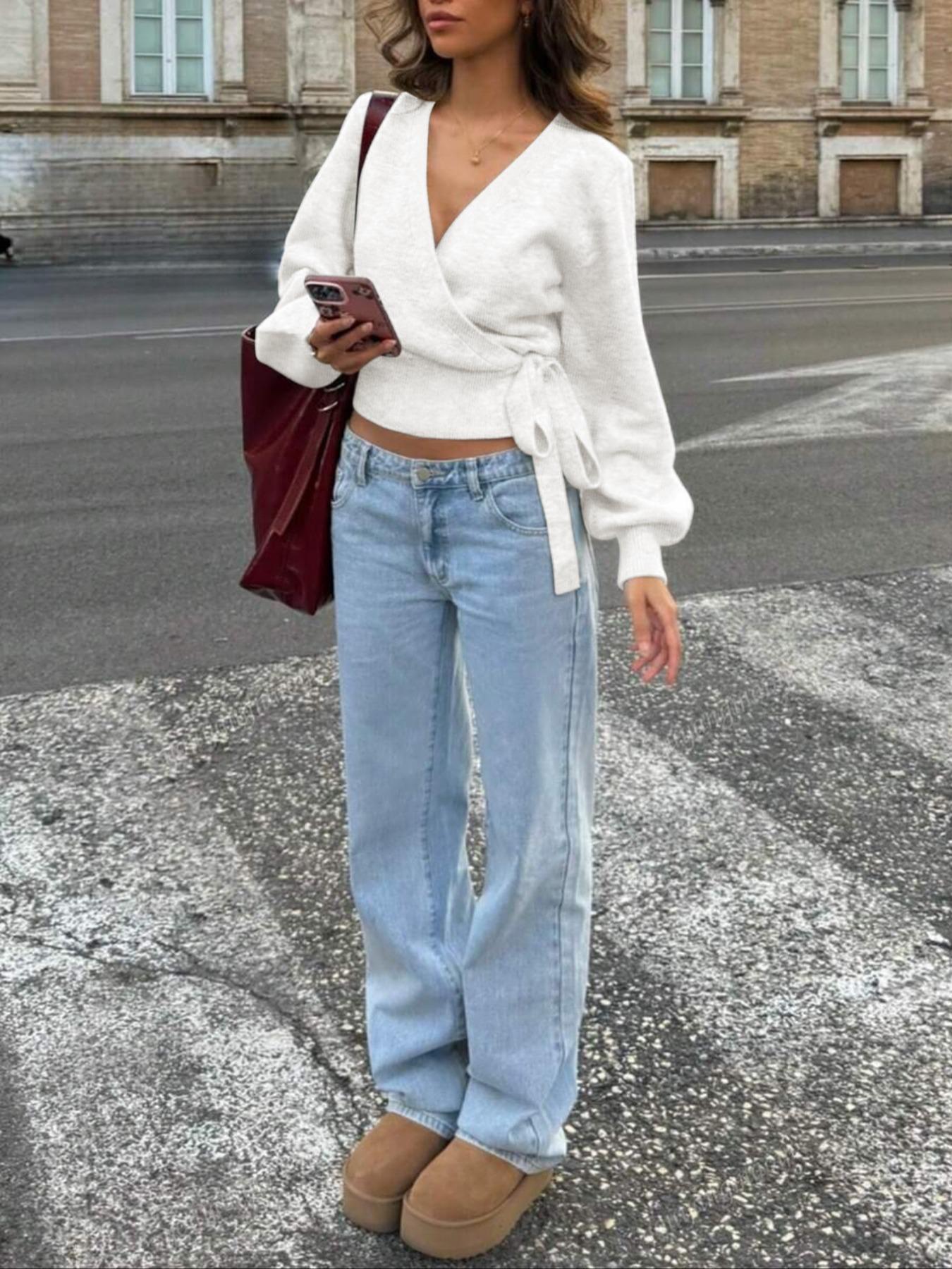 Women's Fall Winter Knitted Fitted Wrap Sweater Knitwear, Casual Home Office Travel Essential, Versatile for Various Occasions