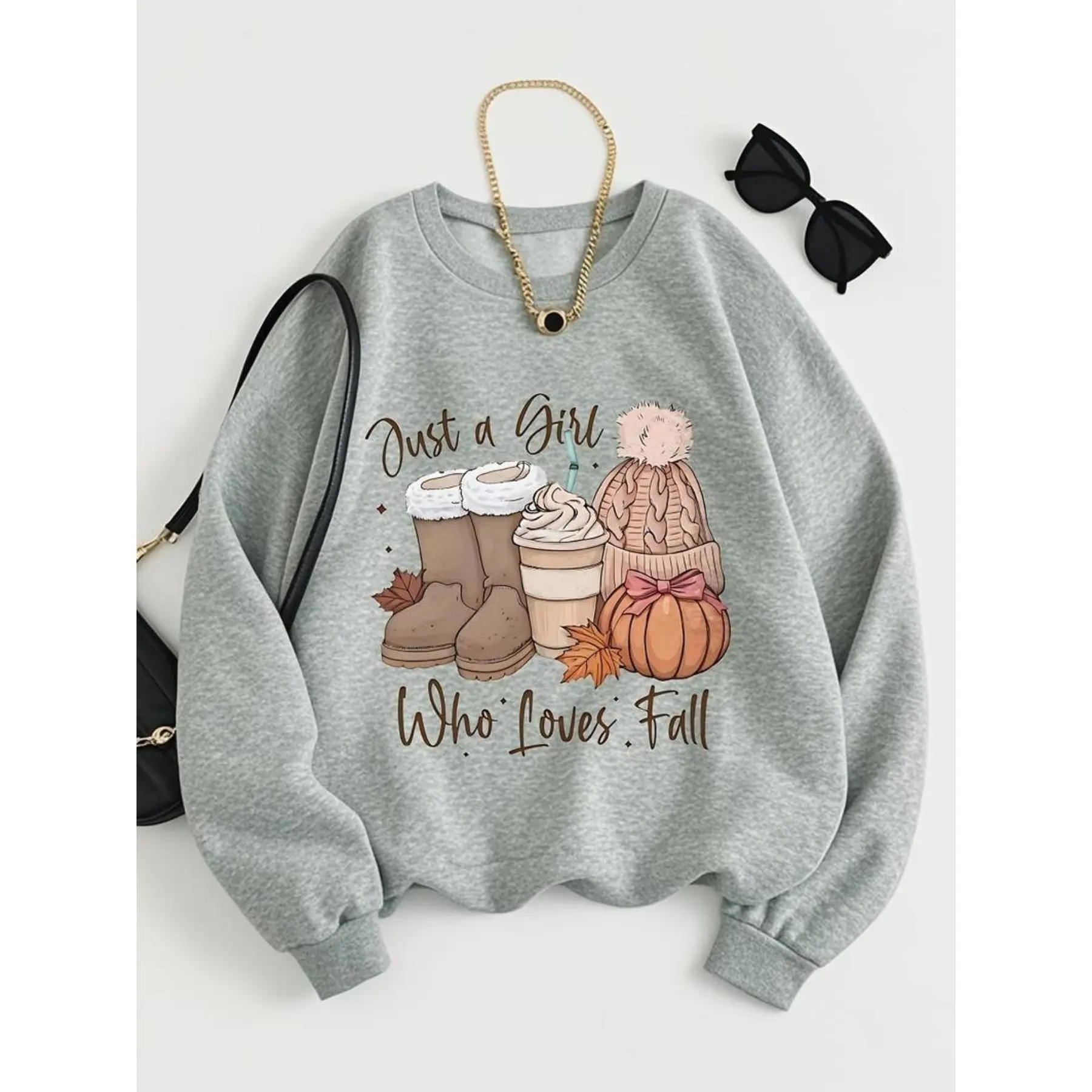 Women's Cozy Fall Winter Sweater - Soft Grey "A Who Loves Fall" Print Pullover with Pumpkin & Plaid Scarf (Scarf is sold separately), Machine Washable No-Sew Hem Sweater Suitable for Halloween, Thanksgiving, Christmas - Casual Warm Sweater