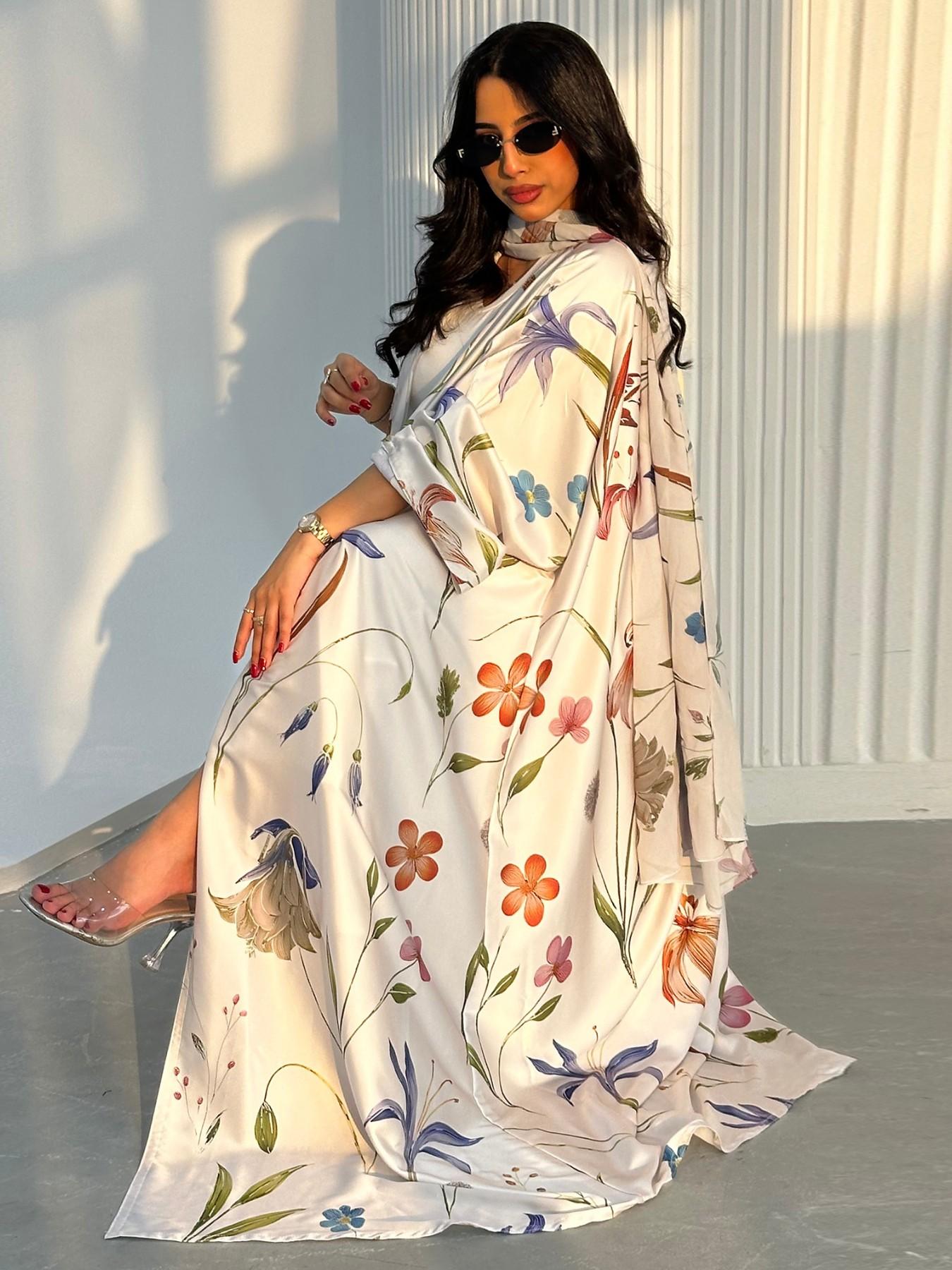 New Muslim Women's Loose Fit Open Front Robe, Printed Two-Piece Set with Headscarf, Casual Daily Wear, Comfortable and Stylish, Floral Abaya Set, Islamic Abaya, Muslim Clothing