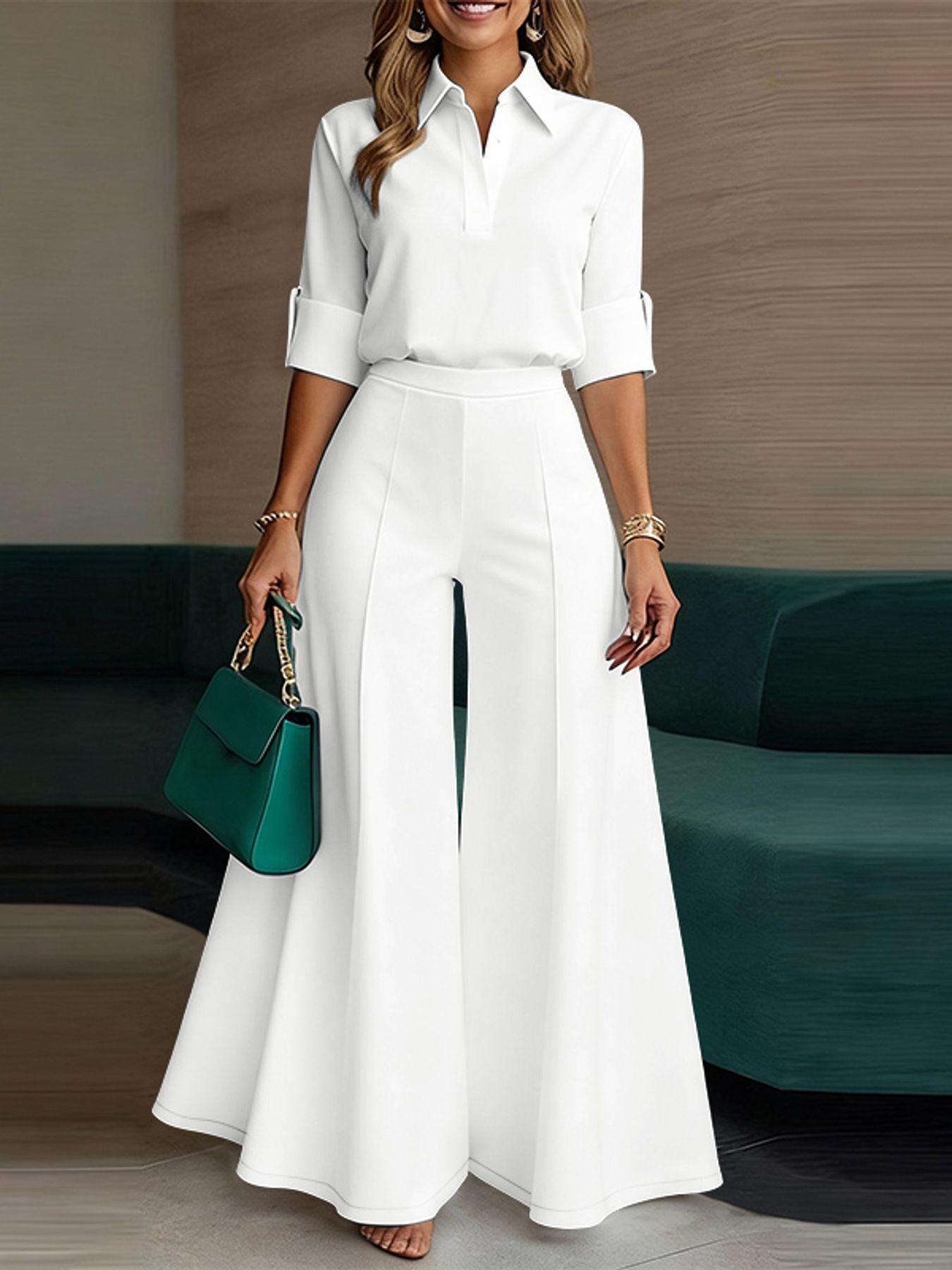 Women's Casual Solid Color Set, Long Sleeve Shirt Collar Half Button Blouse, Bell Bottom Pants Design, Daily Commute