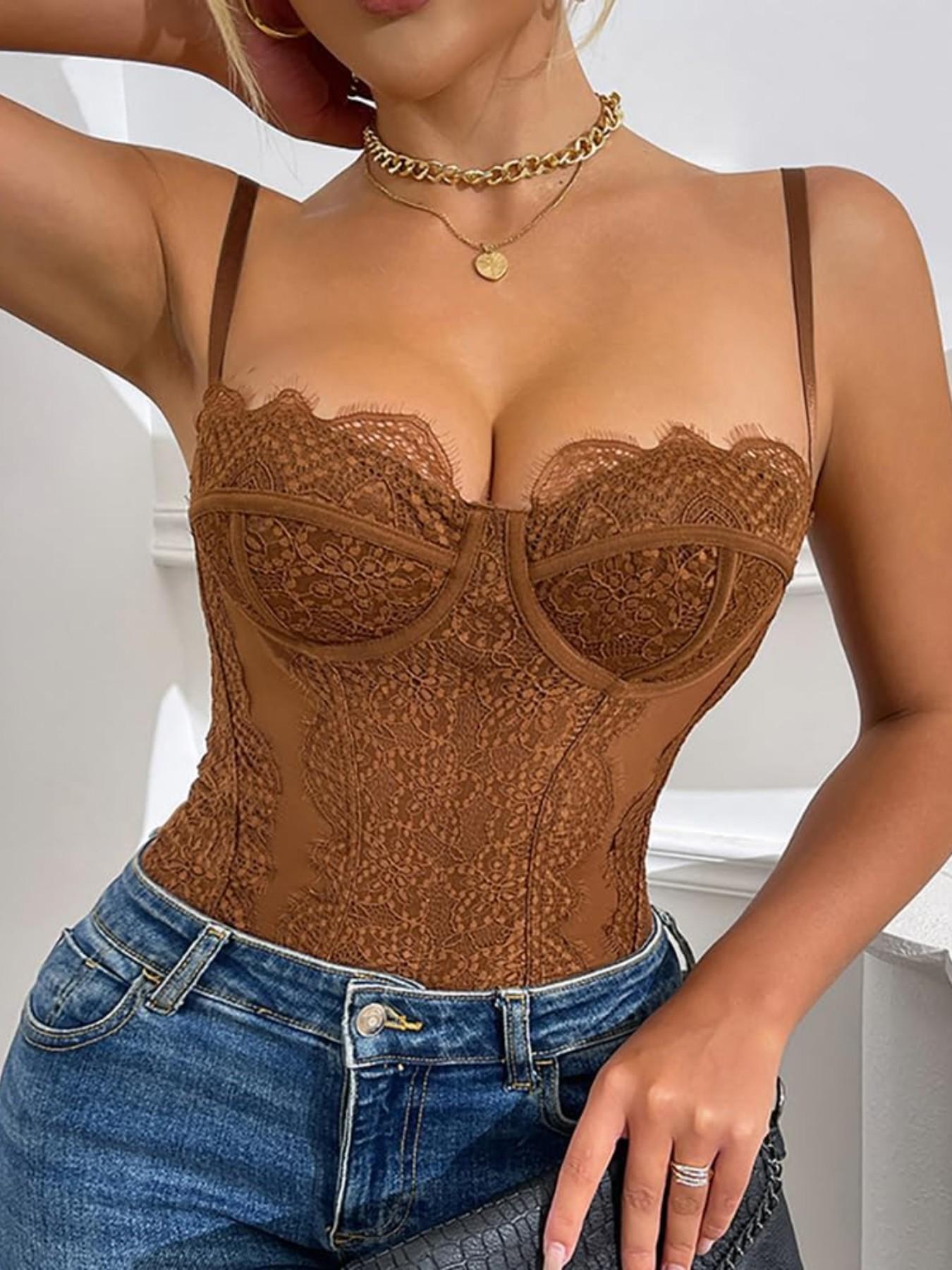 WindShape 1pcs Solid Color Lace Patchwork Bodysuit with Steel Ring Transparent Inner Tank Top Hollow Out Design Y2K Fishbone Style