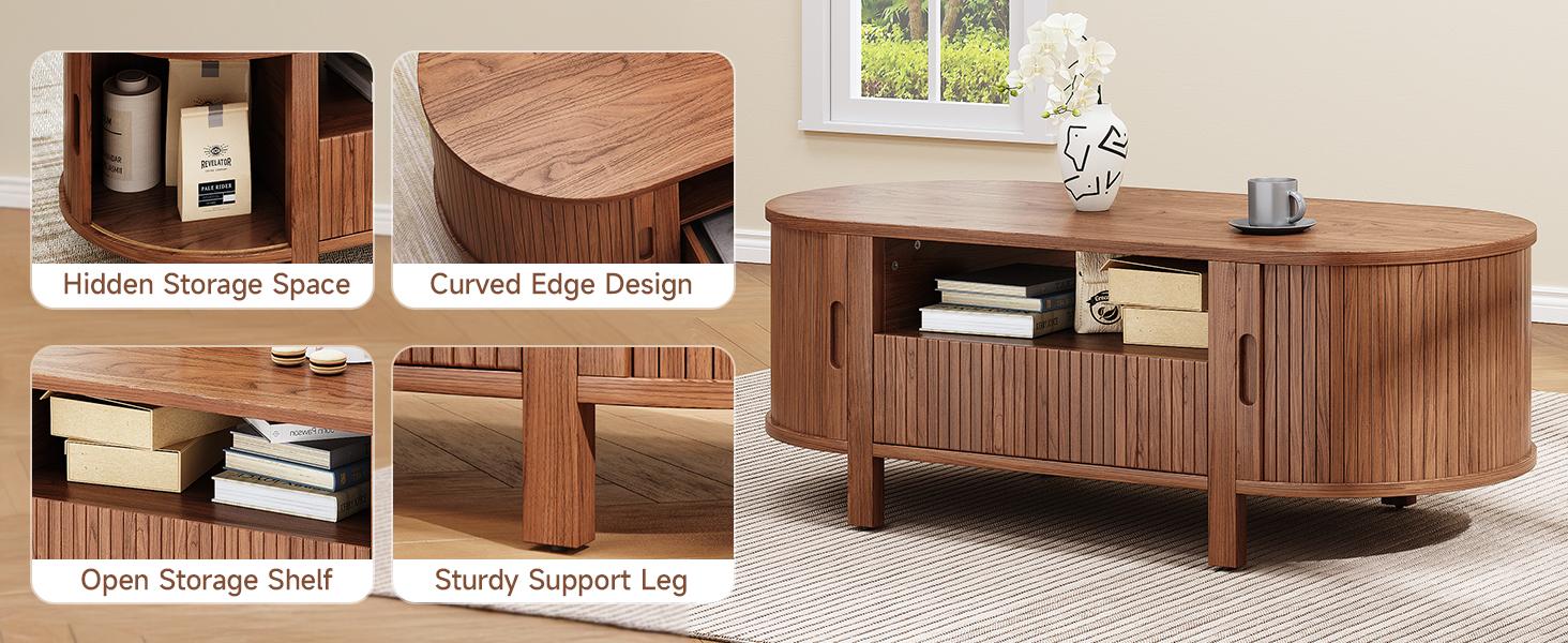 【SPOTLIGHT DAY】ONBRILL 47.2 Inch Oval Coffee Table with Storage, Mid Century Modern Coffee Table with Drawer, Center Table with Sliding Door and Wood Fluted Handle for Living Room
