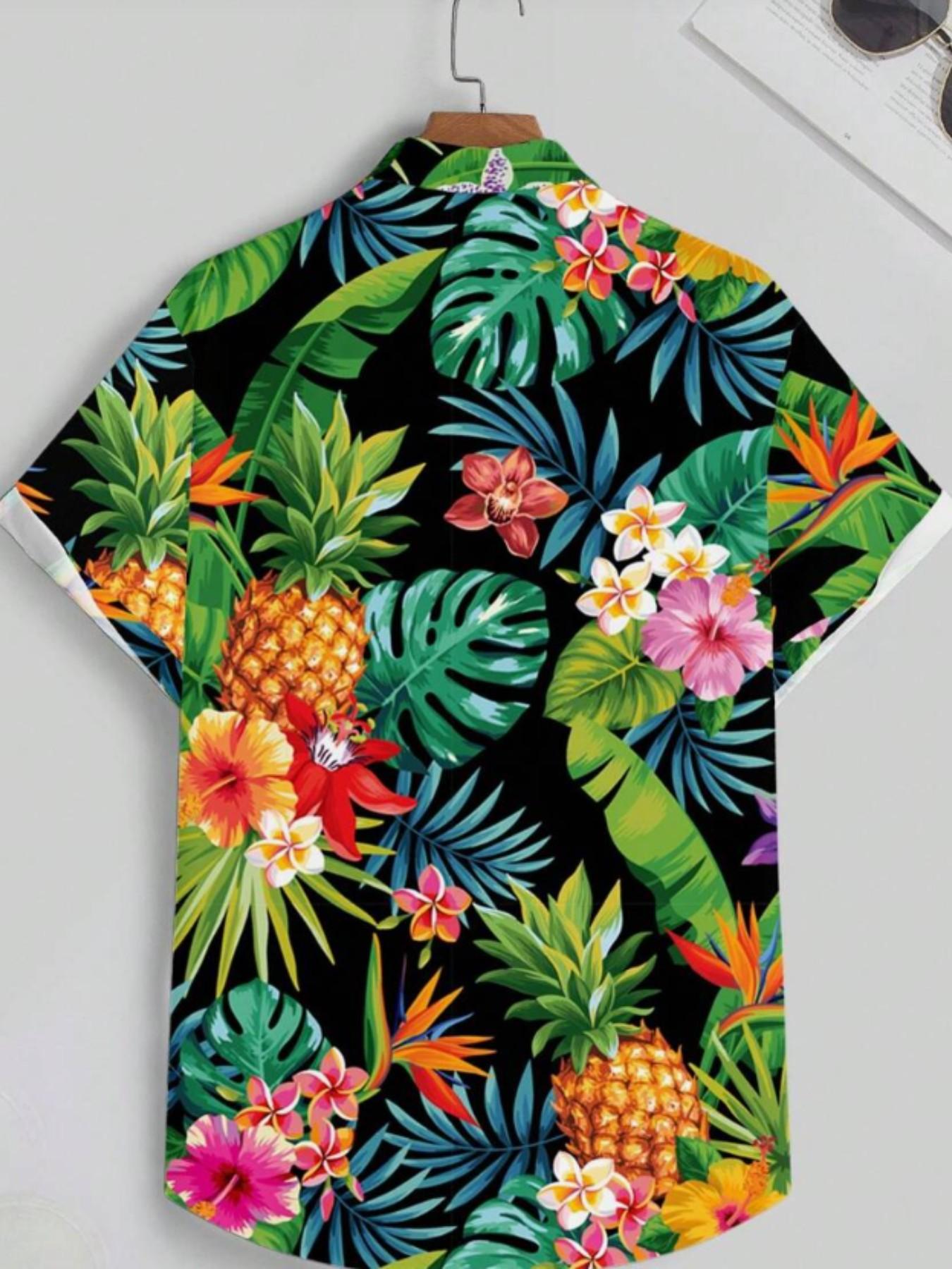 Men's Tropical Hawaiian Shirt, Vibrant Floral Pineapple Print, Short Sleeve Button-Up, Loose Fit, Spring & Fall, Casual Shirt