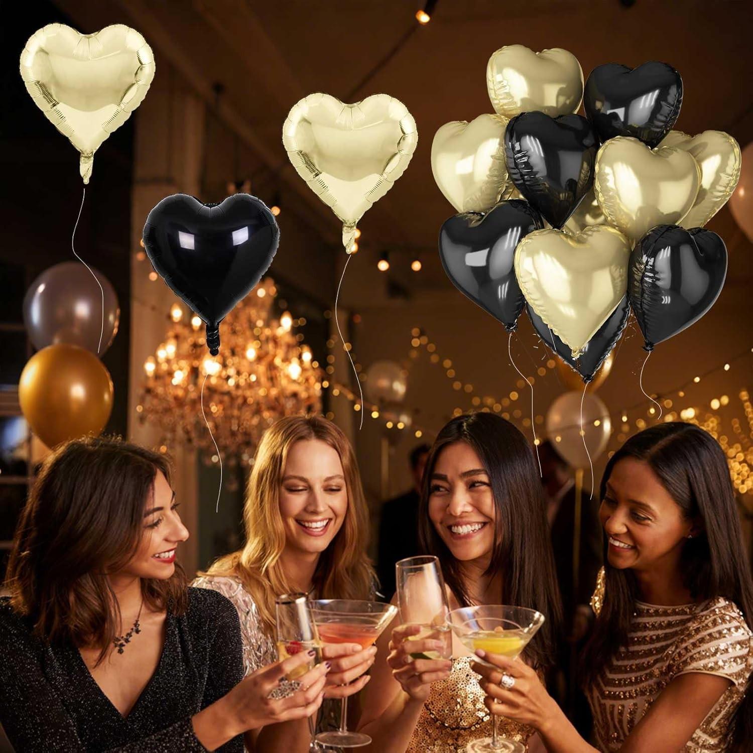 Black gold aluminum foil heart-shaped balloons, 18 inch 10 pack heart-shaped balloons with two accessories, suitable for occasions such as birthdays, graduation ceremonies, Valentine's Day, baby parties, anniversaries, etc.