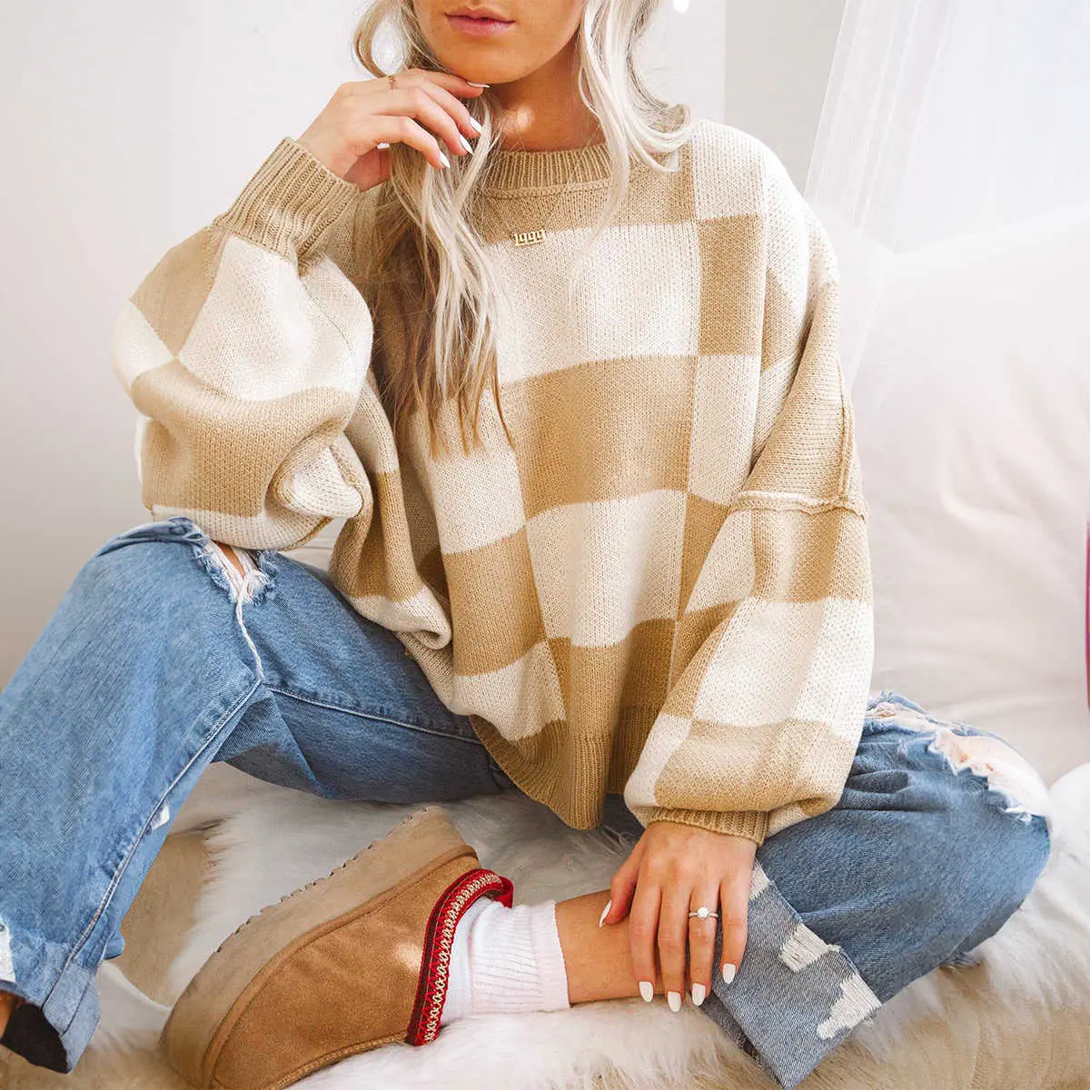 Khaki Checkered Bishop Sleeve Sweater Fabric Knit