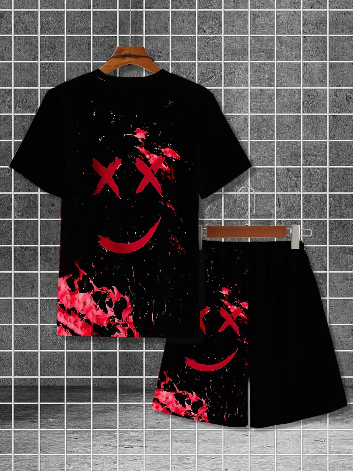 Men's Summer Gaming Set, Fitted Set, Short Sleeve Tee and Shorts, Knee-Length, Casual Slim-Fit, Print Pattern, All-Season Fashion, Menswear