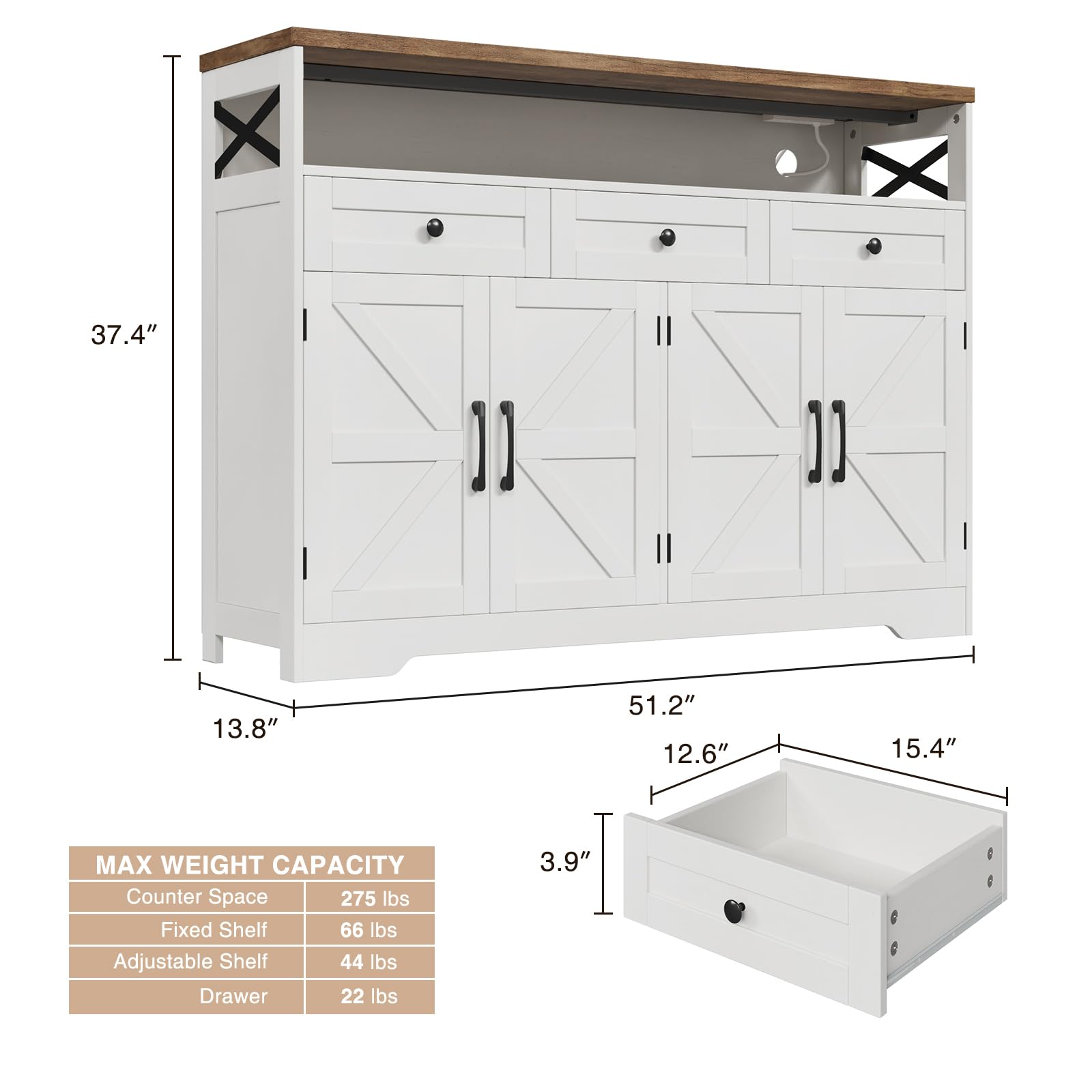 Vabches Farmhouse Buffet & Sideboard Cabinet with Storage - White Pantry Cabinet with Drawers, Wood Cupboard Hutch, Coffee Bar Station Table for Kitchen, Living Room & Dining Room