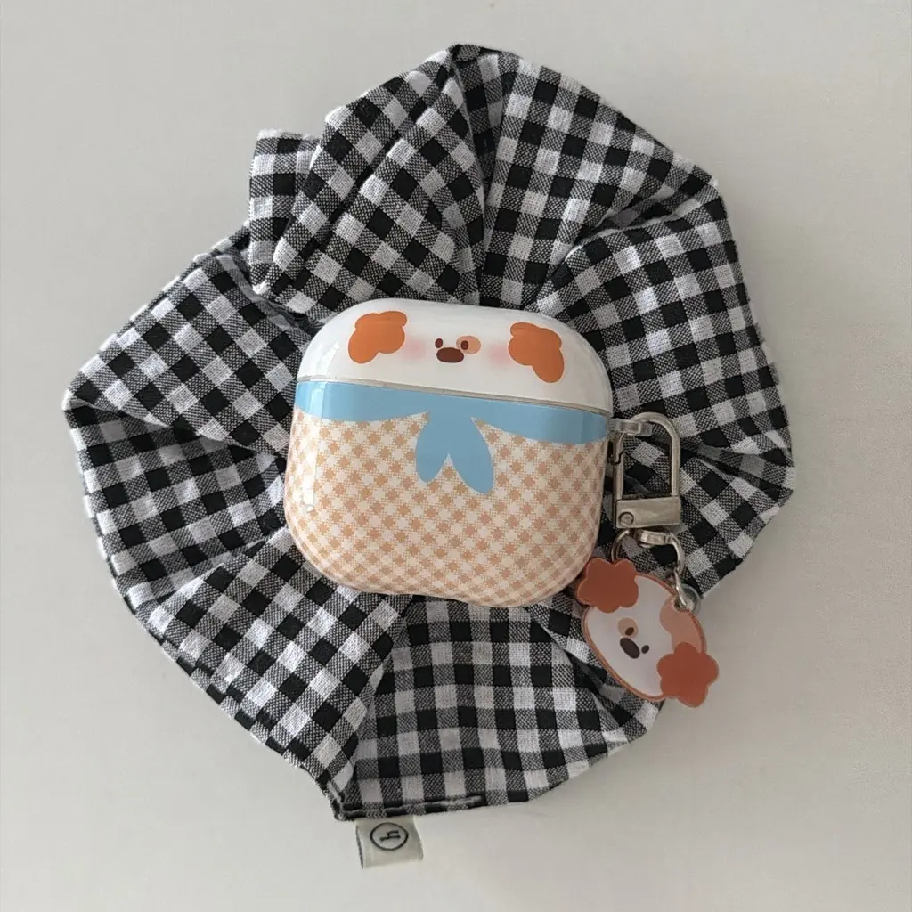 Plaid Bow Cartoon Dog Earbud Case, Anti-Drop AirPods Protector, Korean Style with Pendant, Fits All Models, Fun Daily Accessory