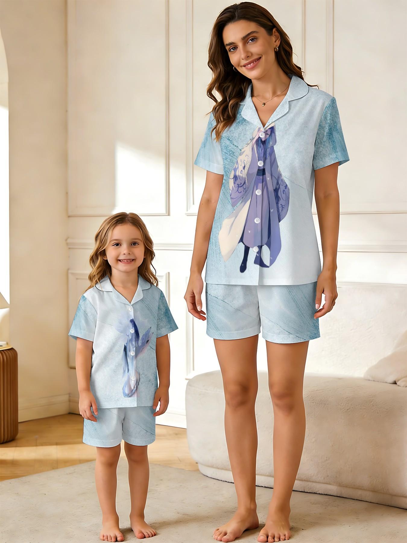 3D Ice Blue Anime Parent-Child Pajamas, Traditional Style 3D Print, Mother-Daughter Home Wear, Cool and Comfortable Sleepwear