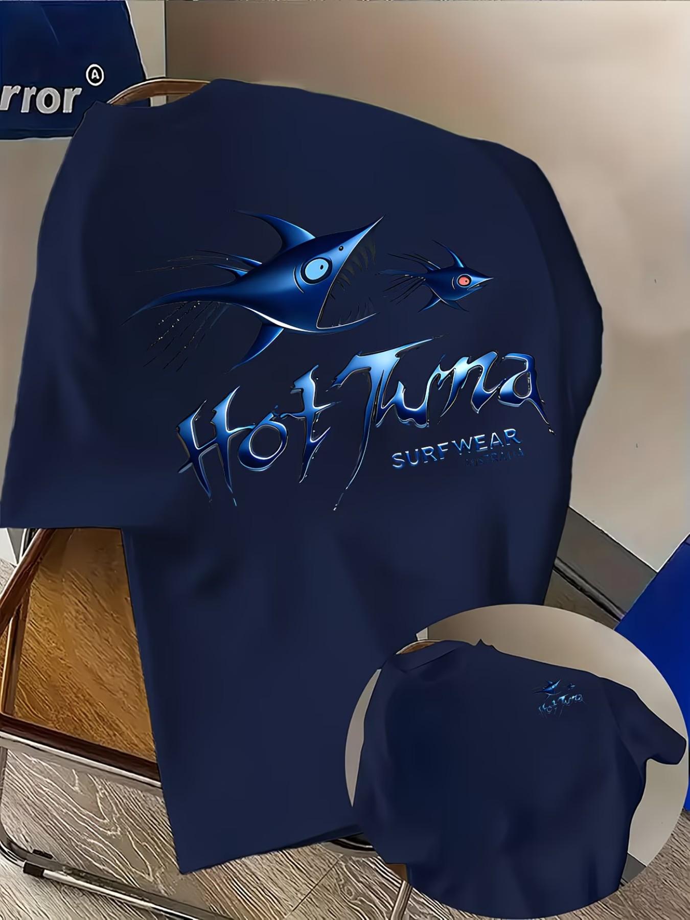 Men's Casual 'hot Tuna' Shark Print T-Shirt, Fashion Dual-Sided Print, Lightweight Elastic, Regular Fit, Summer Streetwear, Comfortable Wear