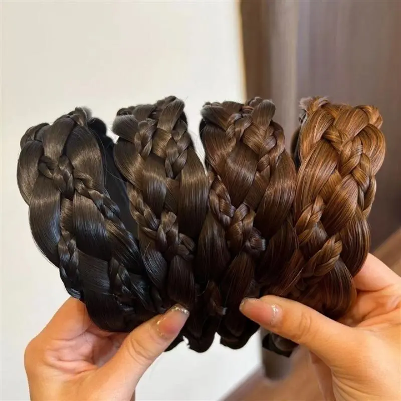 Women's Fashion Acrylic Weave Natural Braid Headband - Hand-Braided 7-Strand Slip-Resistant Hair Hoop, Retro Romance Volume Boost Face-Shrinking High-Crown Lift Bag Charm for Daily Luggage & Bags Twilly Accessory