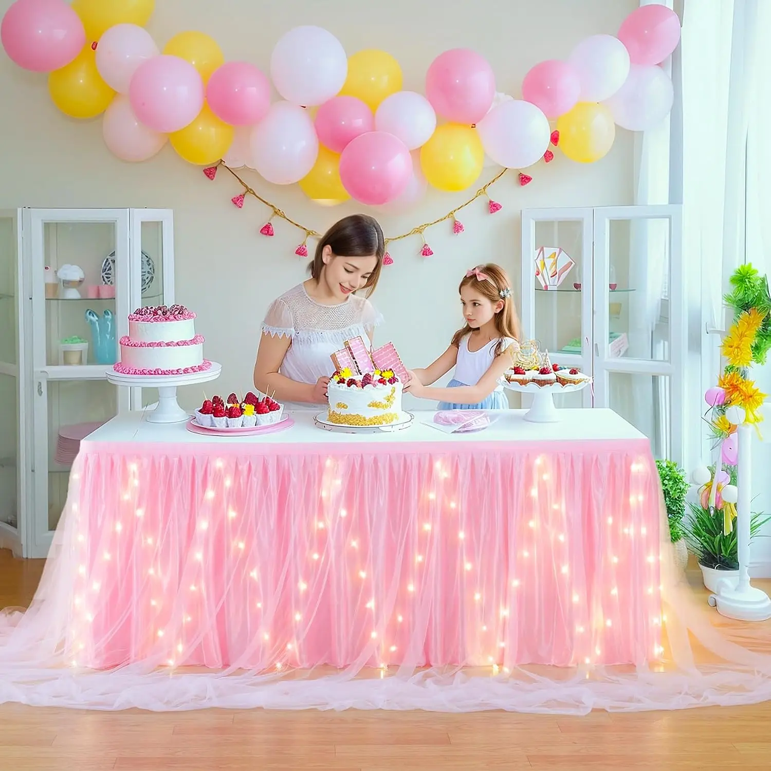 6FT Pink Tulle Table Skirt for Rectangle or Round Tables Ruffle Tulle Tutu Cloth Desk Table Skirt with LED Lights for Birthday Party Baby Shower Gender Reveal Cake Dessert Decorations