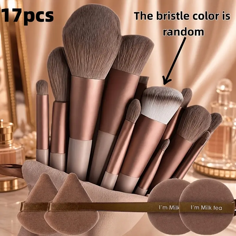 17-Piece Makeup Brush Set, Including 13 Makeup Brushes + 2 Triangular Puffs + 2 Round Puffs, Soft Eyeshadow Brush, Foundation Brush, BB Cream Brush and Concealer Brush. This Is A Soft and Versatile Makeup Tool Set Designed for Women with Random Bristles.