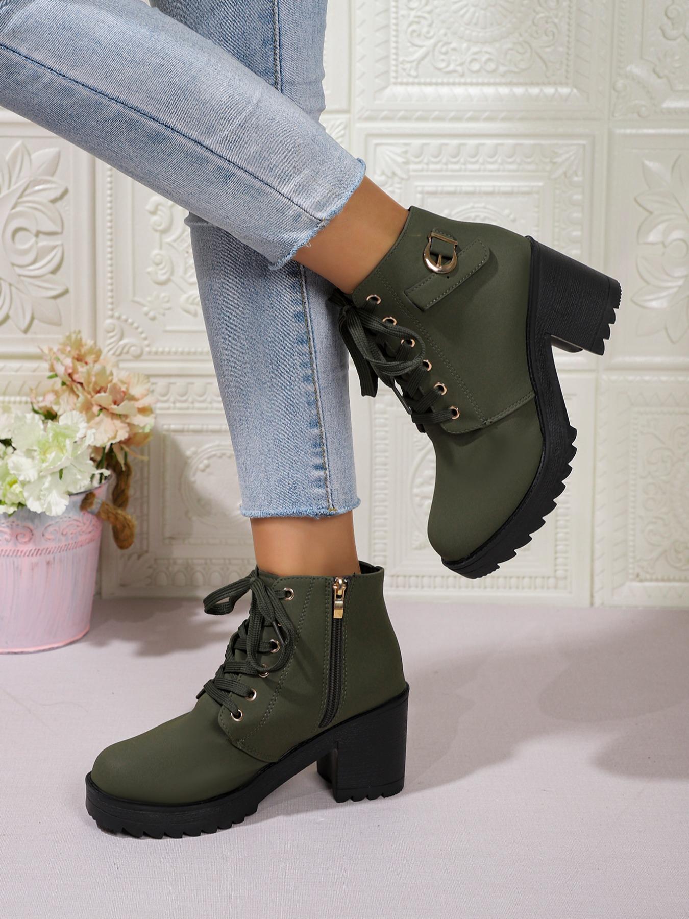 Women's Chunky Heel Thick Sole Ankle Boots, Side Zipper Lace-Up High Heel Boots, Fall Winter Casual Fashion Shoes