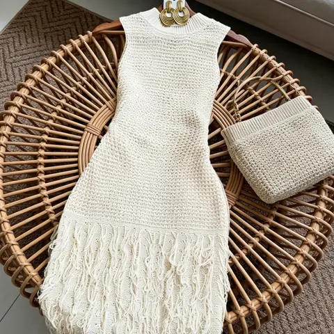 Vintage Boho Knit Jumpsuit, Round Neck Hollow Out Design, Fringe Hem, Loose Fit, Layered Wear, Rural Style Fashion