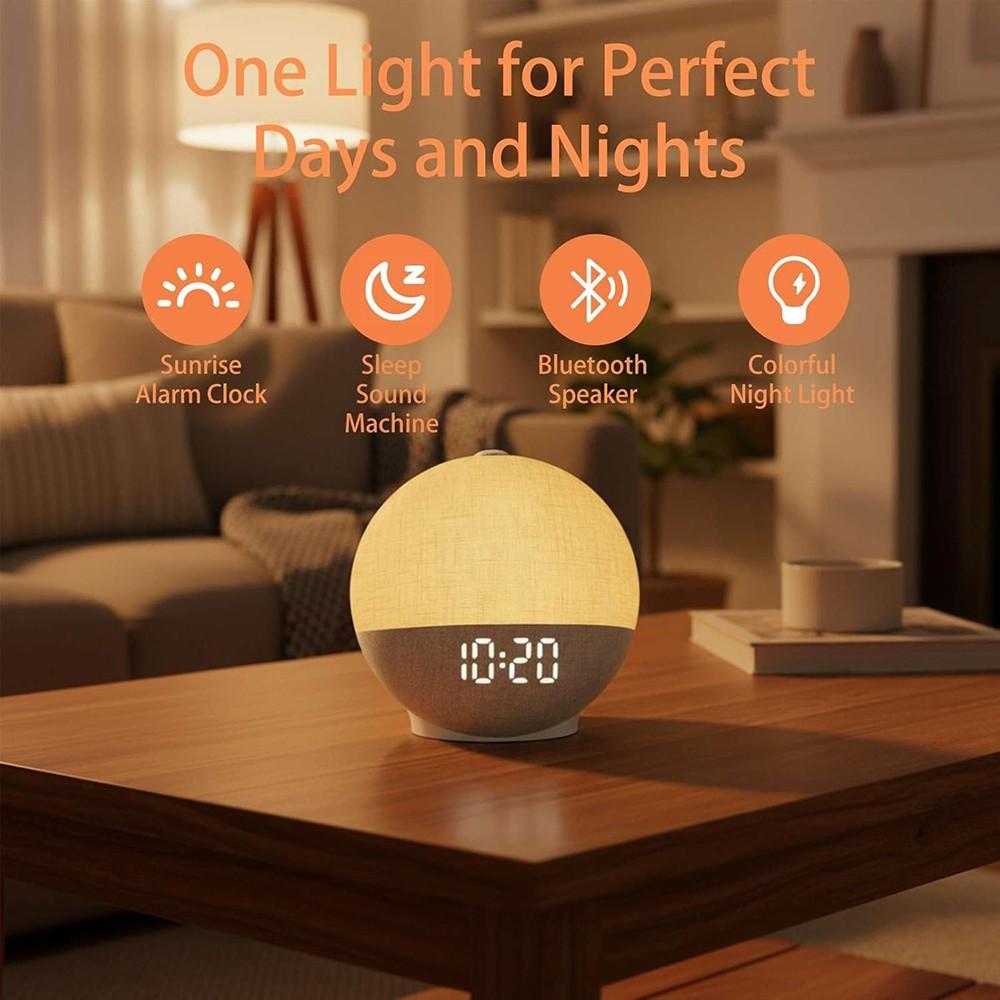 Sunrise Multifunctional Alarm Clock with White Noise Machine, Bluetooth Speaker, Color Changing Night Light, Fabric Cover, for Bedroom – Perfect Gift for Adults and Kids, Sleep Aid & Home Decor