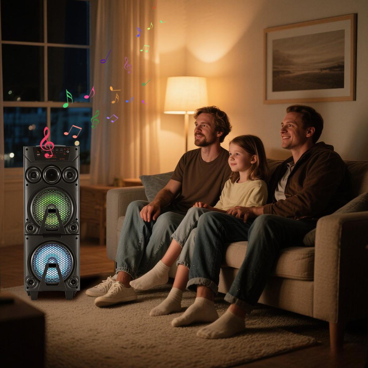 Portable Bluetooth Party Speaker Dual 8" Woofers Dual Wireless Microphones Wooden Cabinet TWS LED Light Rechargeable Stereo Wireless PA Speaker System