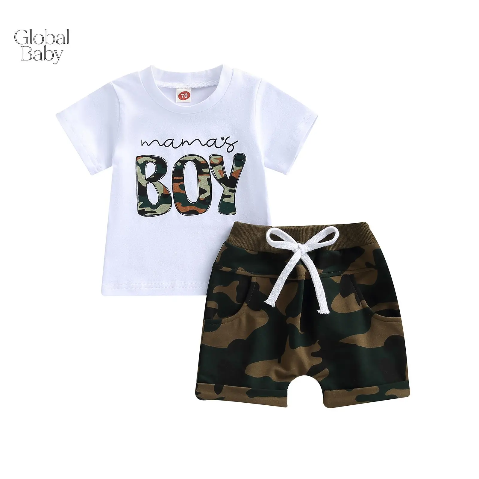 Baby Boy 2‑Piece Summer Outfit, "Mama's Boy" Letter‑Print Short‑Sleeve T‑Shirt, Camouflage Drawstring Elastic Waist Pocket Casual Shorts Toddler Clothing Set