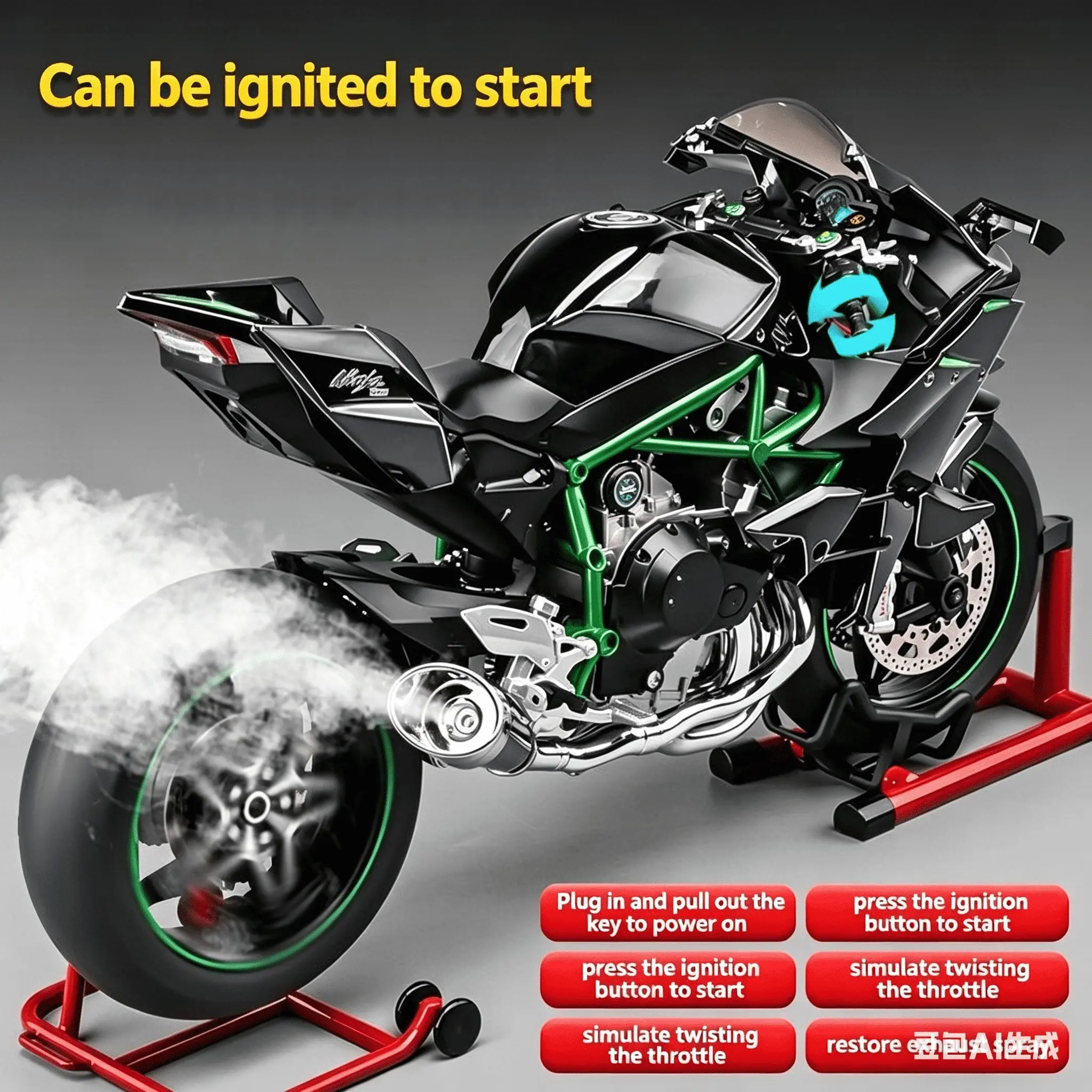 Large Scale Alloy Motorcycle Model, Ignition Start + Sound + Spray, Realistic Engine Sounds, Display Stand, Gift for Collectors, Ages 8+