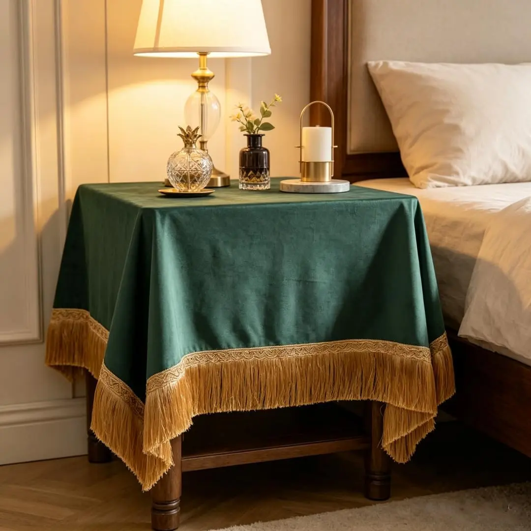 F-CHU Luxury Green Velvet Nightstand Cover with Gold Tassel Fringe, Decorative Bedside Table Cloth, Dust-Proof Dresser Scarf for Bedroom Nightstand, Side Table, Dresser, Home Decor 36 x 36 Inch