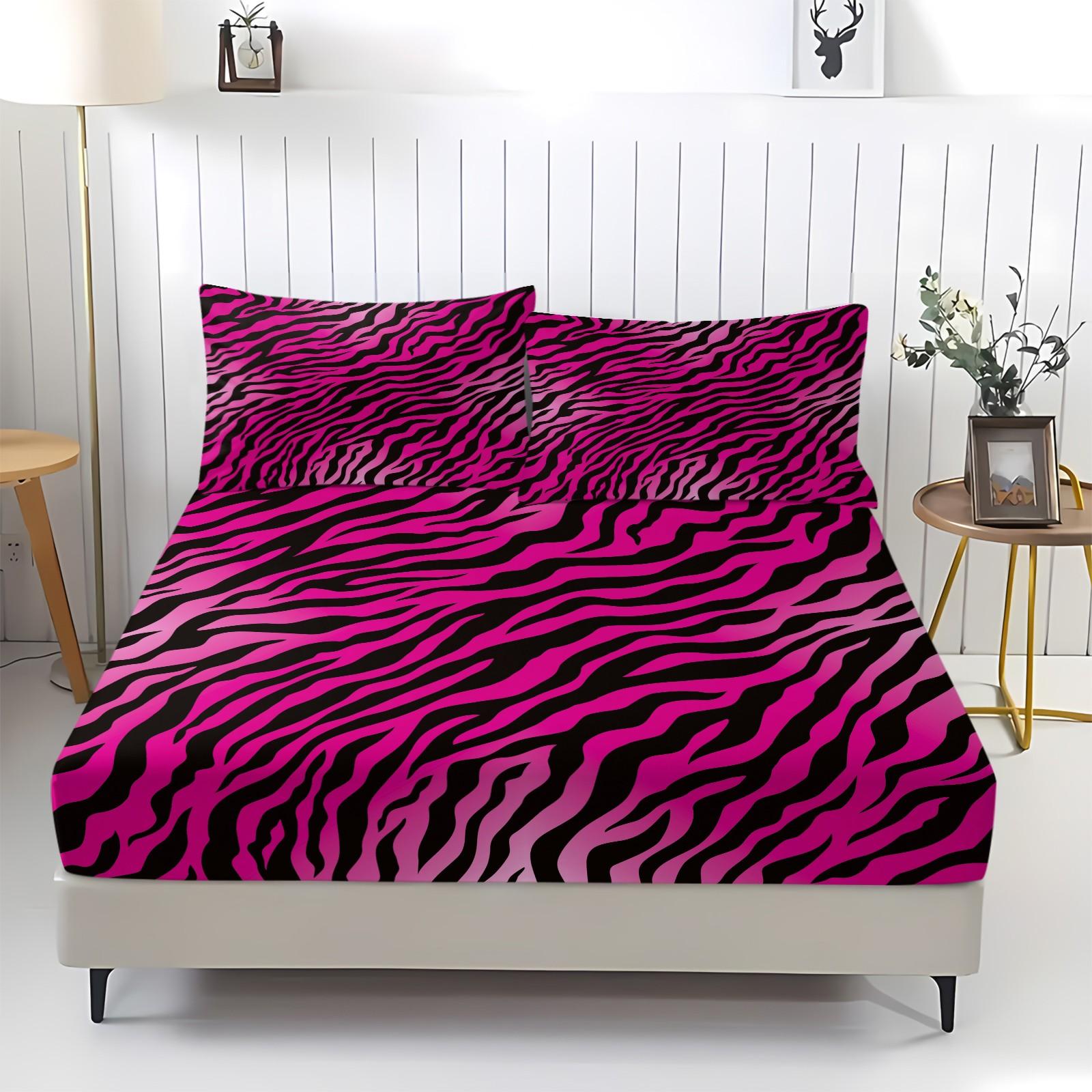 Black & Pink Zebra Print Fitted Sheet Set, 1 Bed Fitted +2 Pillowcases No Core, Hot Pink Base with Black Zebra Print, Y2K Millennial Style Bedding Non-Slip, Soft Breathable Fabric, Girls Bedroom Decor