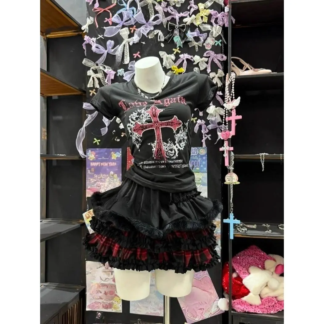 Y2k Subculture Harajuku Two Piece Suit Women Gothic Punk Crop Tops Matching Mini Skirt Vintage Punk Streetwear Outfit Sets